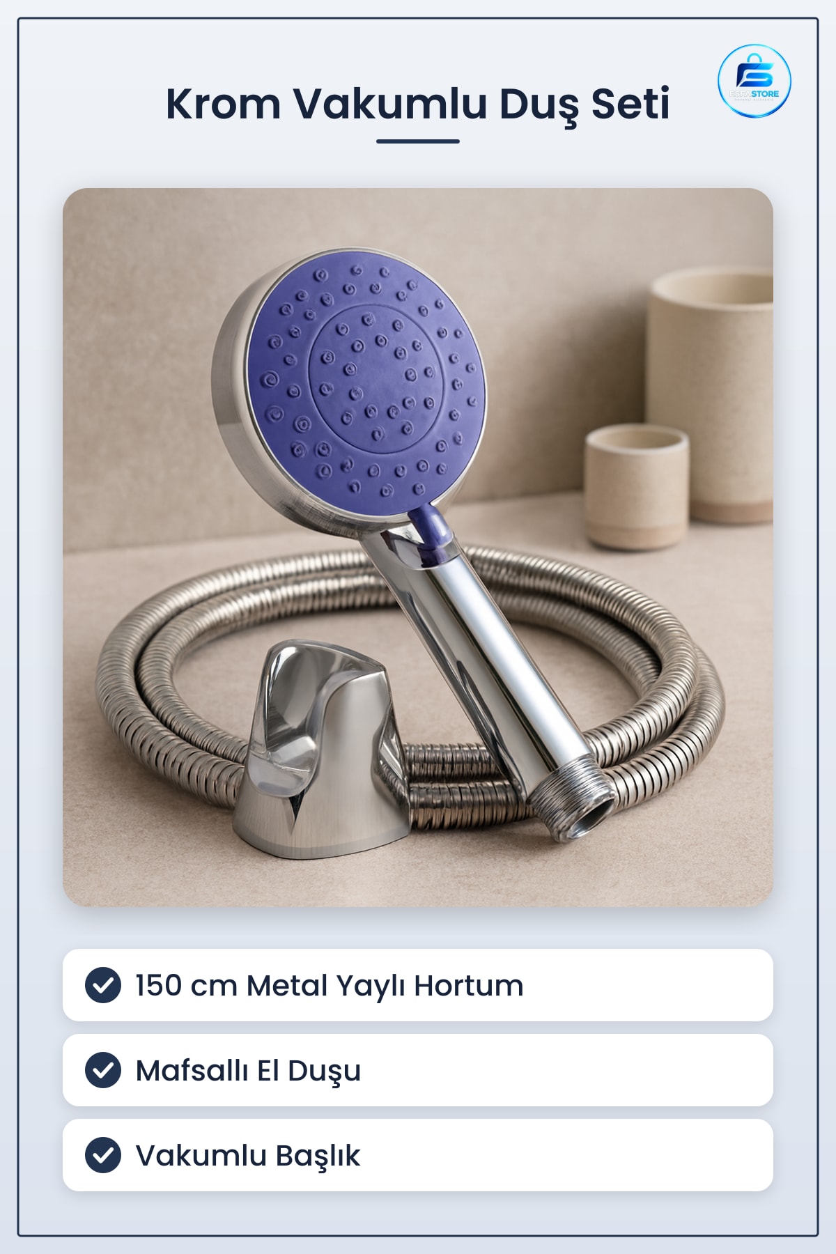 Krom Vakumlu Lüks Duş Sistemi 150 cm Metal Yaylı Hortum El Duşu Askılı Banyo Seti Dayanıklı