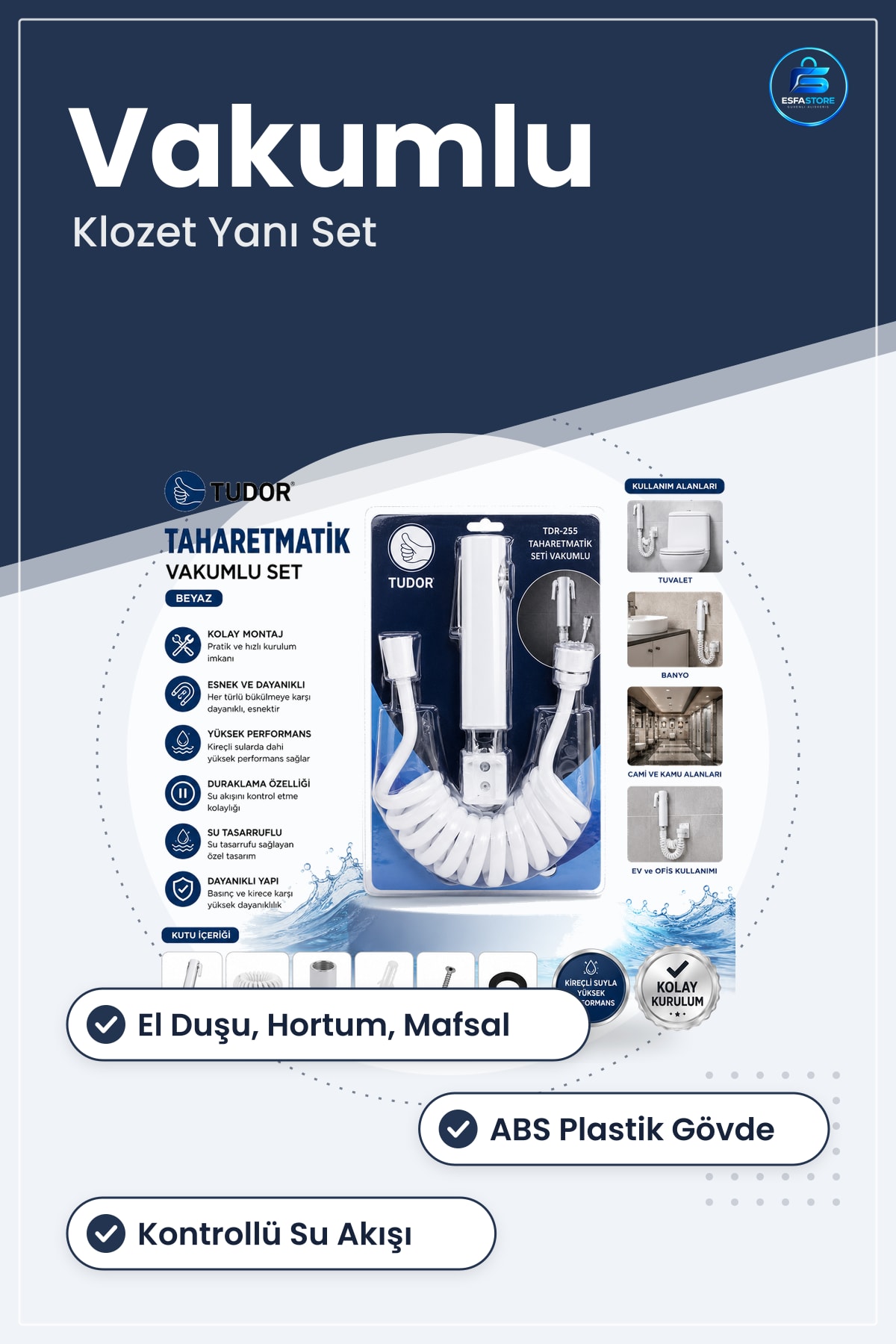 Taharetmatik El Duşu Banyo Seti Vakumlu Hortum ve Mafsallı Klozet Yanı Kişisel Temizlik Ürünü