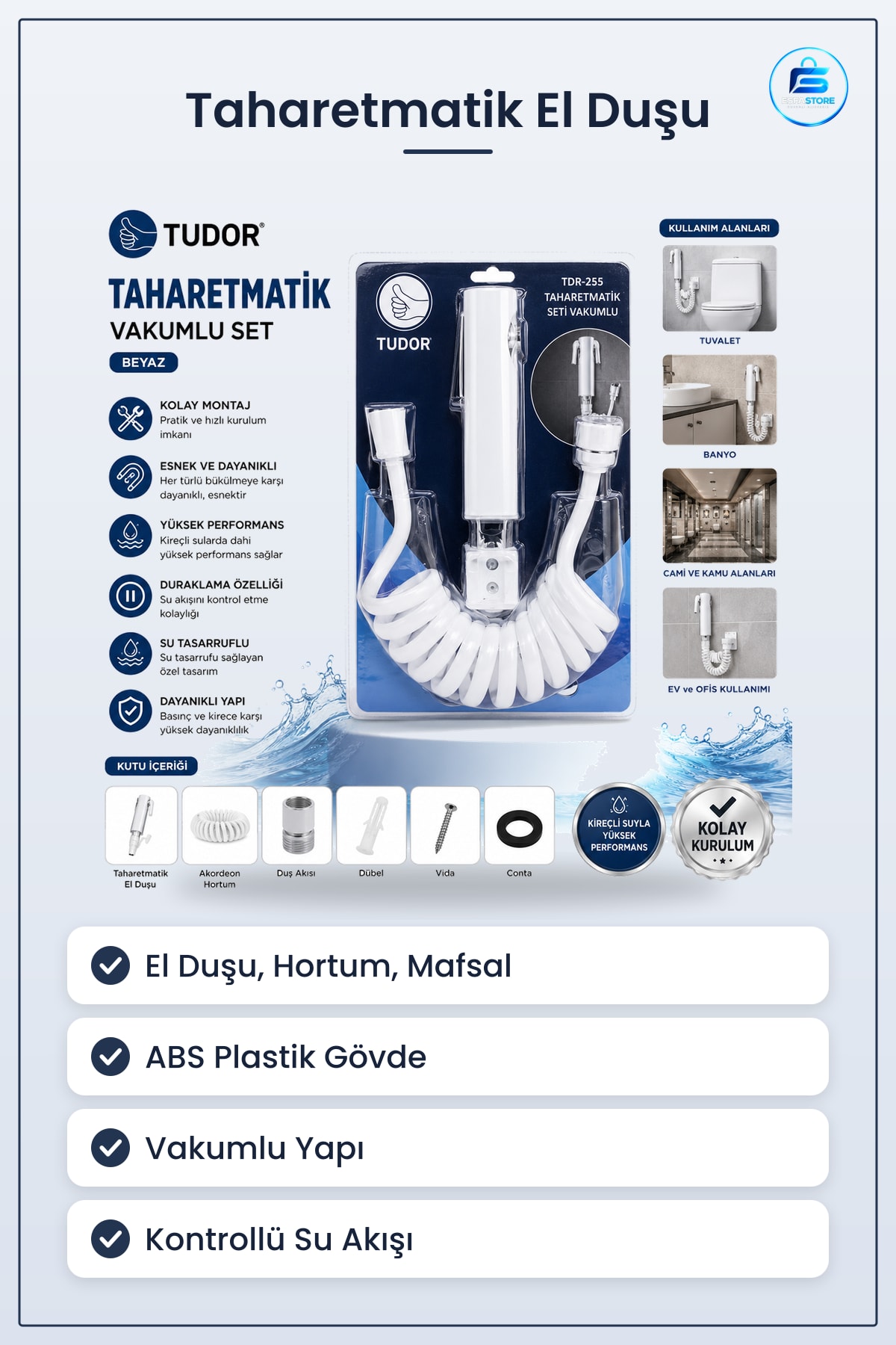 Taharetmatik El Duşu Banyo Seti Vakumlu Hortum ve Mafsallı Klozet Yanı Kişisel Temizlik Ürünü