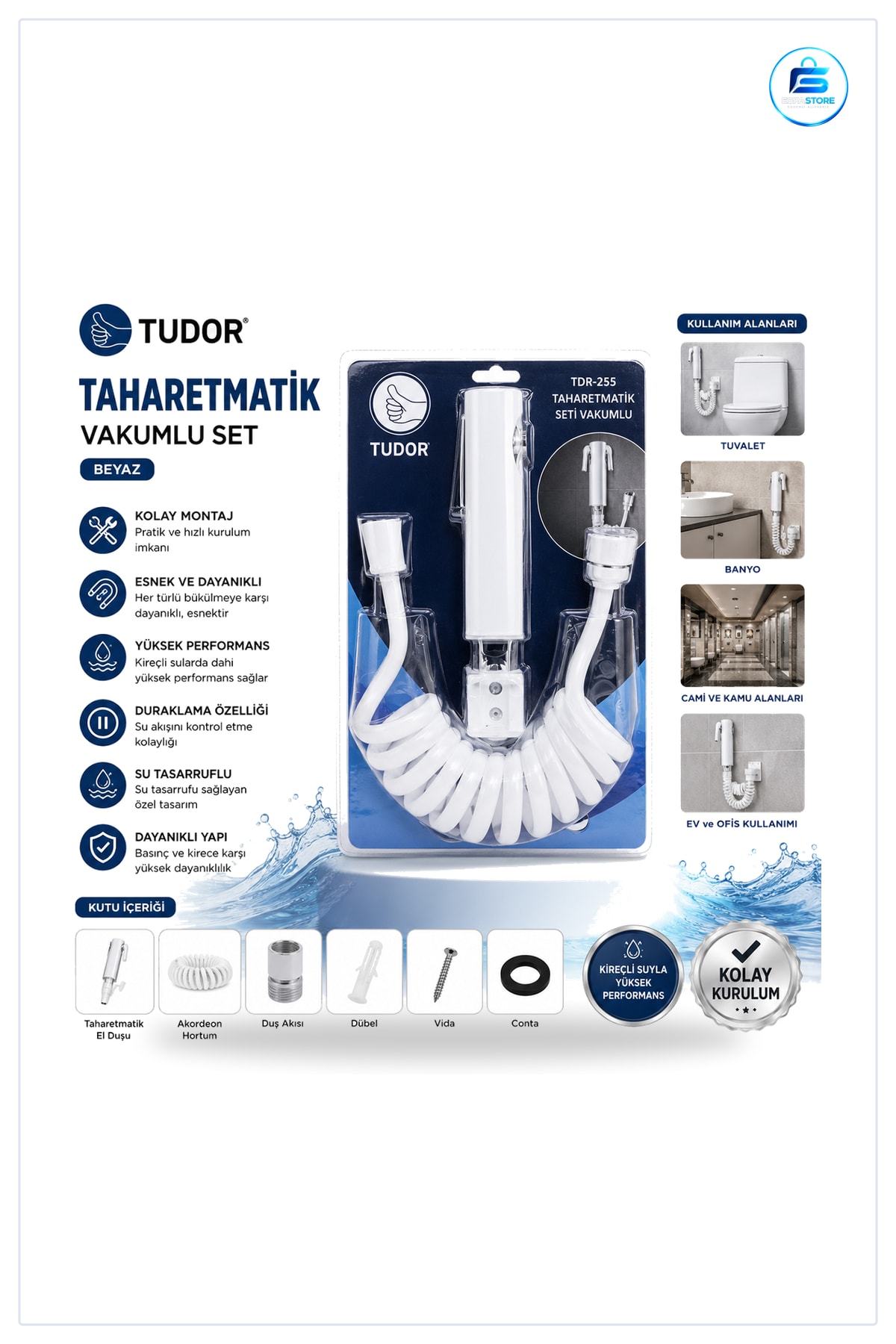 Taharetmatik El Duşu Banyo Seti Vakumlu Hortum ve Mafsallı Klozet Yanı Kişisel Temizlik Ürünü