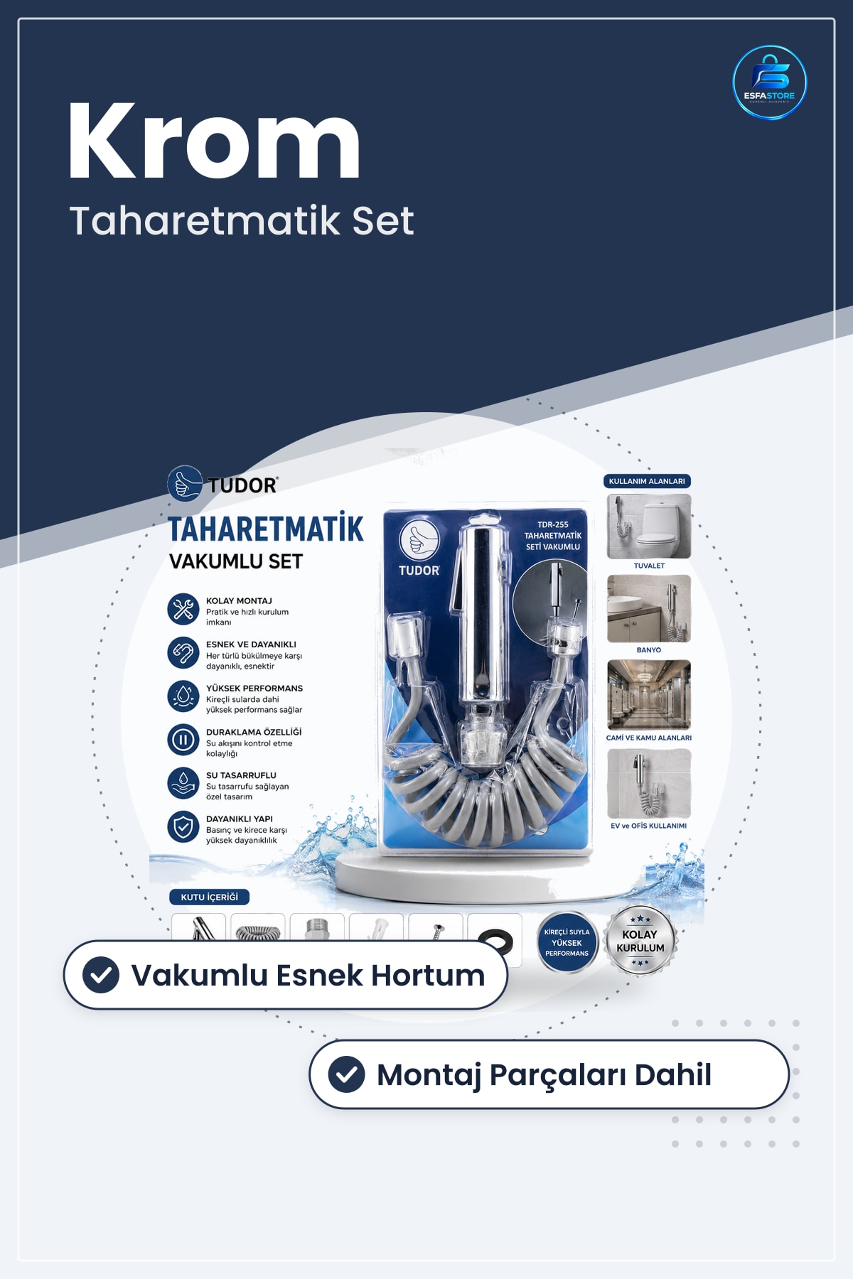 Taharetmatik El Duşu Seti Krom Vakumlu Hortum Mafsal Banyo Tesisatı Tuvalet Hijyeni Kolay Montaj