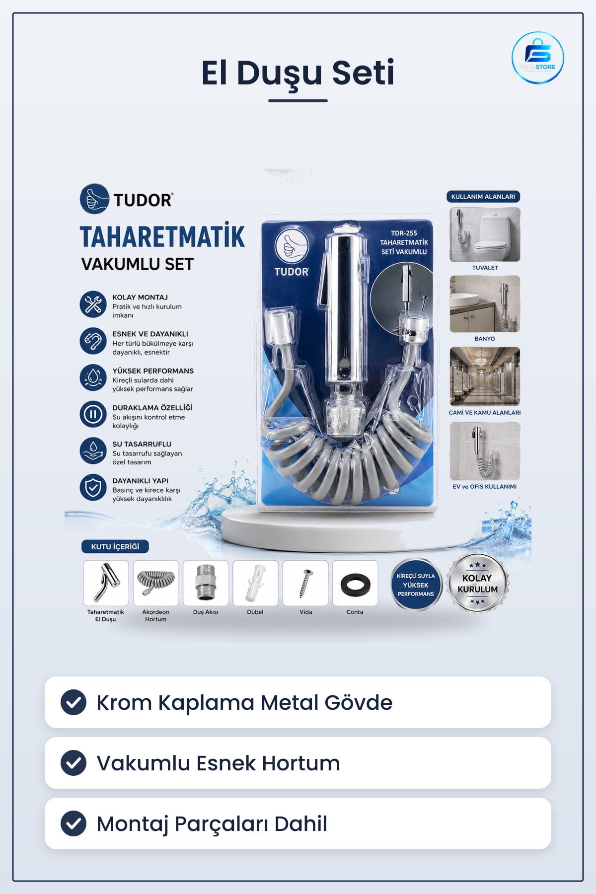 Taharetmatik El Duşu Seti Krom Vakumlu Hortum Mafsal Banyo Tesisatı Tuvalet Hijyeni Kolay Montaj