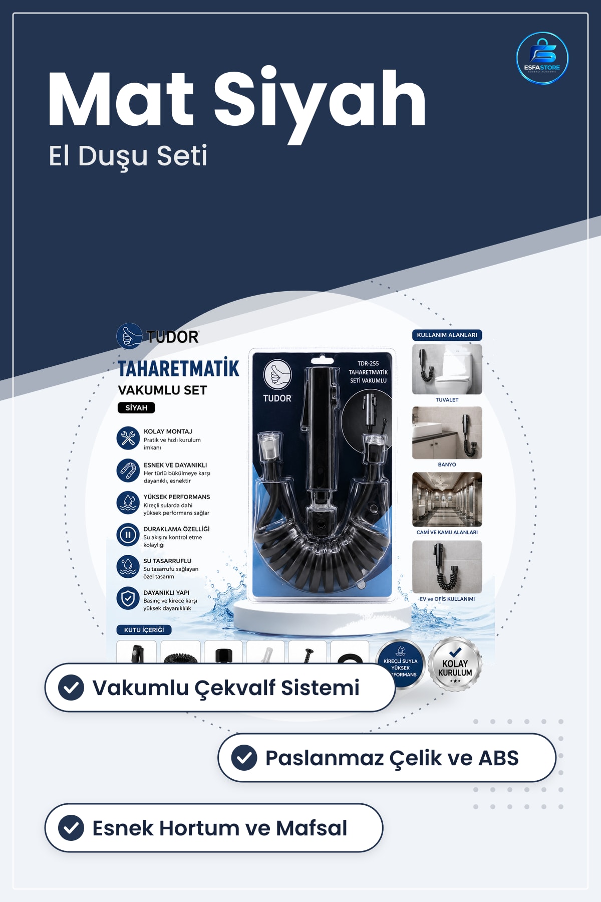 Bide Bataryası Taharetmatik El Duşu Seti Siyah Vakumlu Hortum ve Mafsal Banyo Tuvalet Paslanmaz