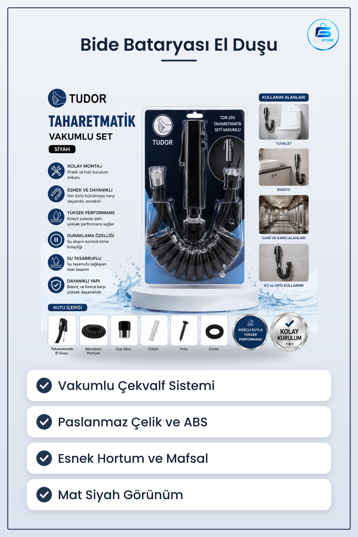 Bide Bataryası Taharetmatik El Duşu Seti Siyah Vakumlu Hortum ve Mafsal Banyo Tuvalet Paslanmaz