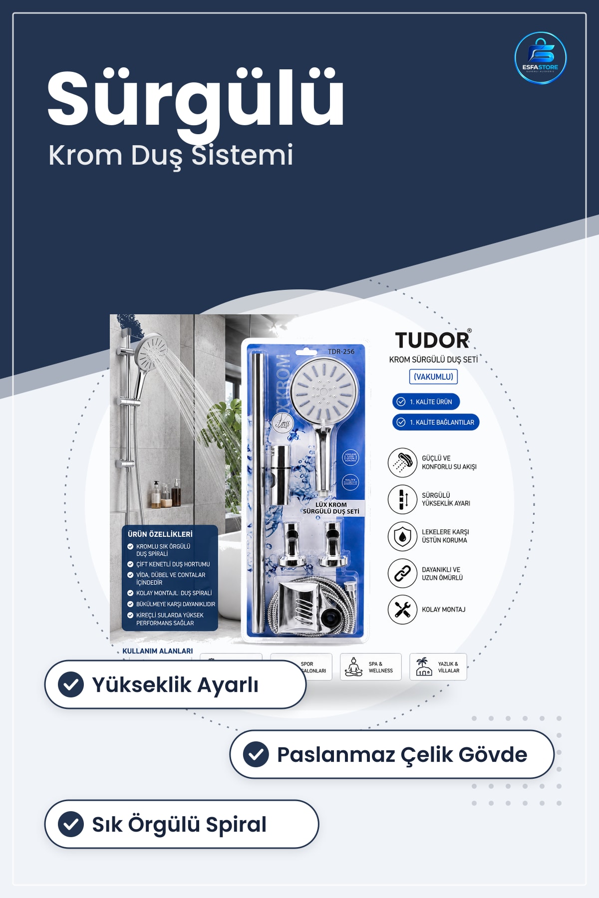Krom Sürgülü Duş Sistemi Vakumlu Paslanmaz Çelik Spiral Hortum Banyo Seti Kolay Montaj