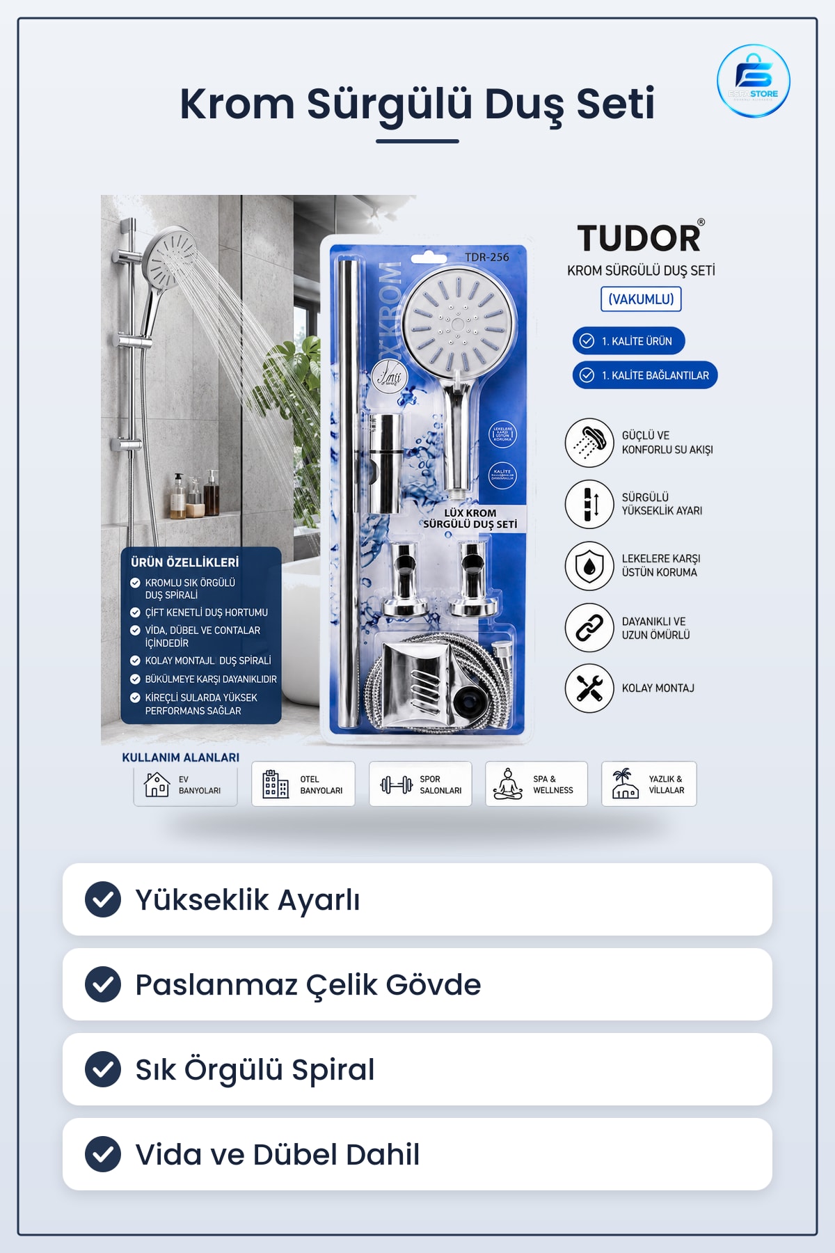 Krom Sürgülü Duş Sistemi Vakumlu Paslanmaz Çelik Spiral Hortum Banyo Seti Kolay Montaj