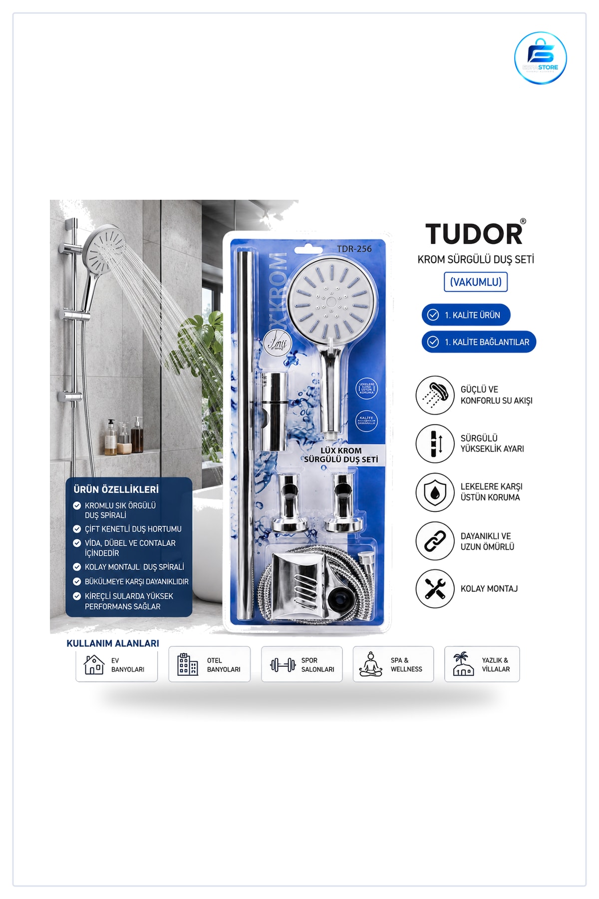 Krom Sürgülü Duş Sistemi Vakumlu Paslanmaz Çelik Spiral Hortum Banyo Seti Kolay Montaj
