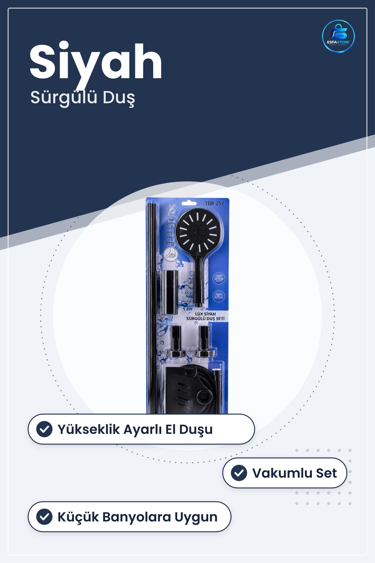 Siyah Sürgülü Duş Sistemi Vakumlu Set Yükseklik Ayarlı El Duşlu Paslanmaz Ralı Lüks Banyo