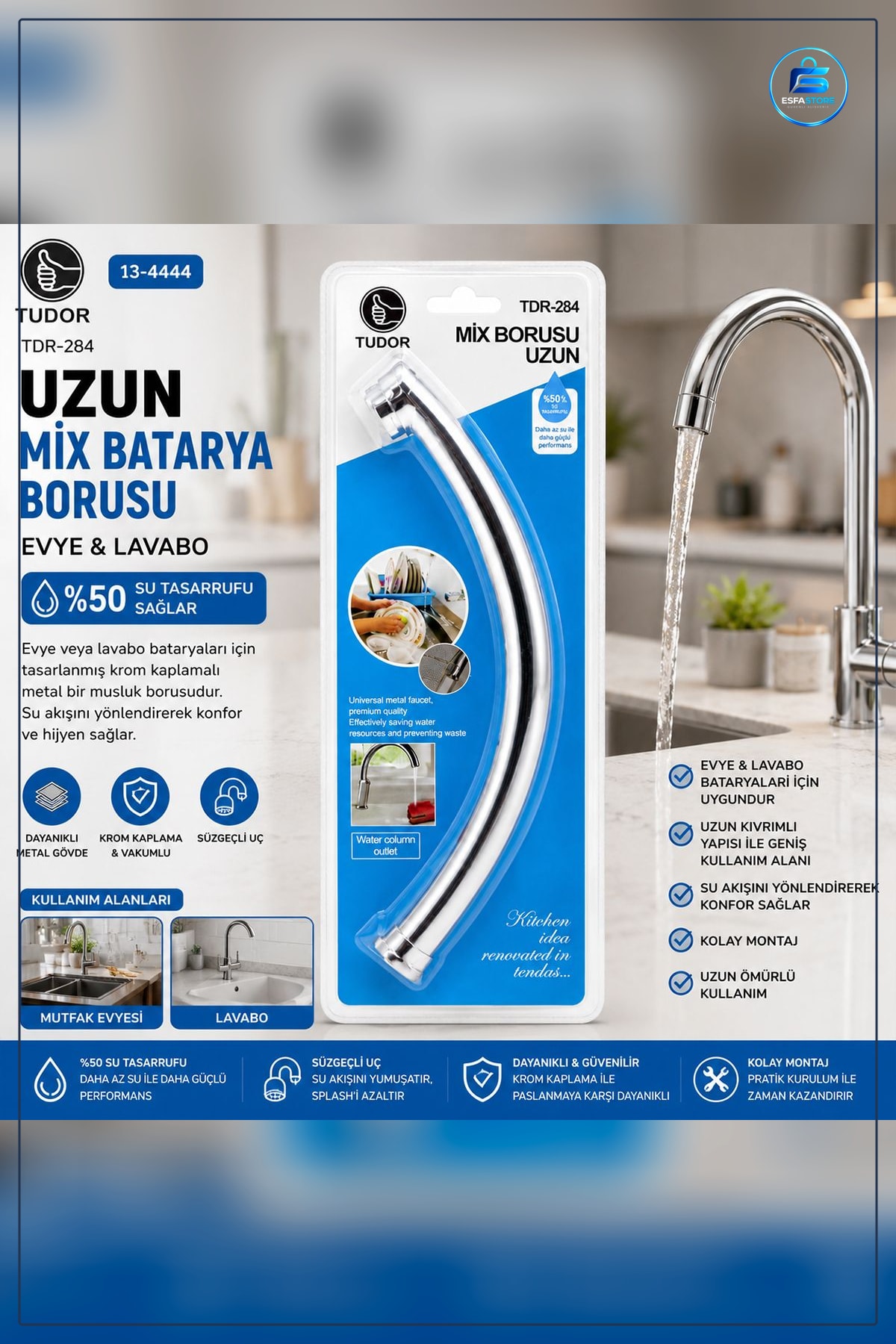Musluk Başlığı Uzun Mix Batarya Borusu Evye ve Lavabo Krom Süzügeli Uç Vakumlu Mutfak Banyo