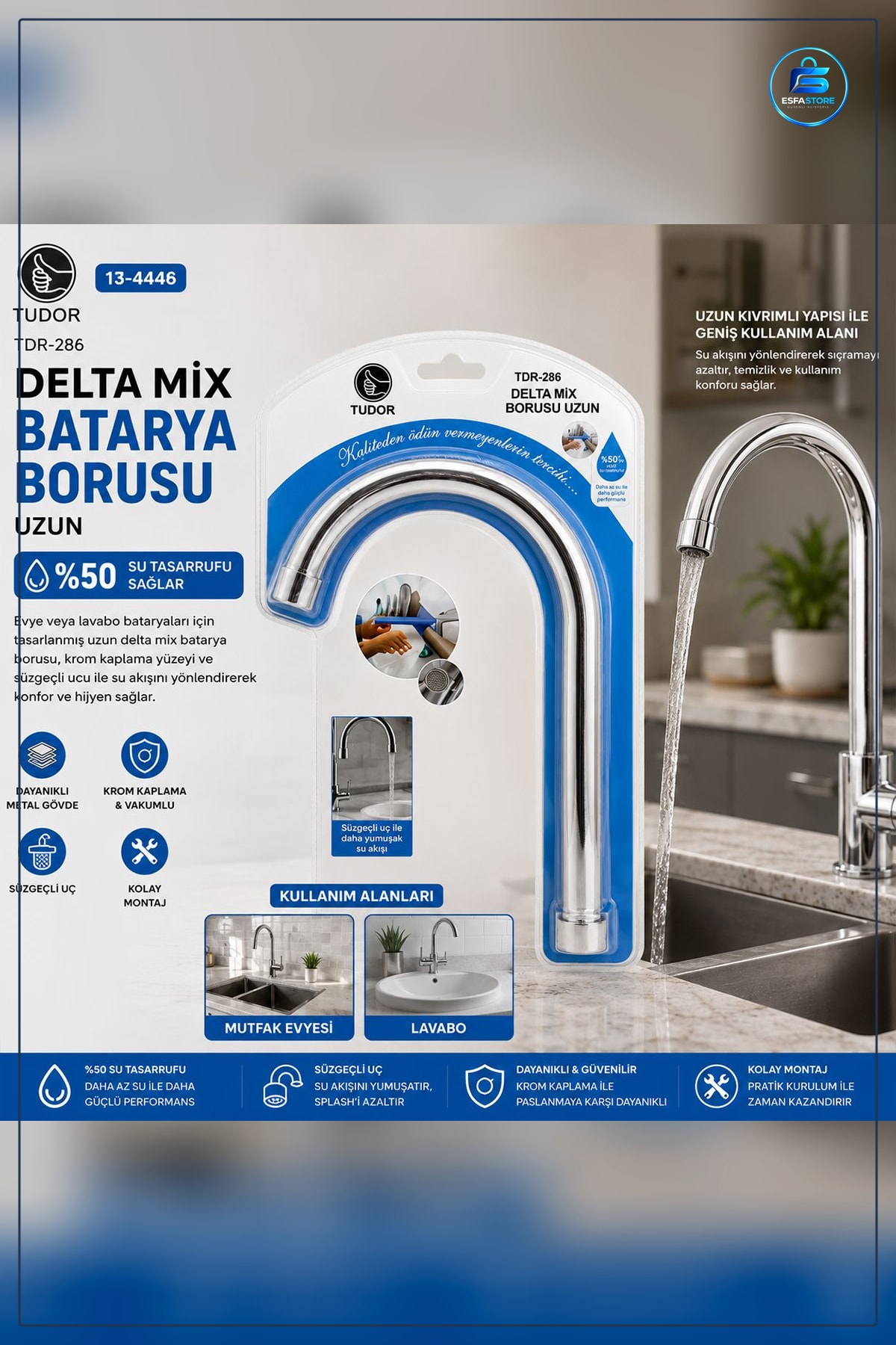 Eviye Bataryası Uzun Kuğu Boru Krom Kaplama Vakumlu Süzügeçli Mutfak Lavabo Kolay Montaj Dayanıklı
