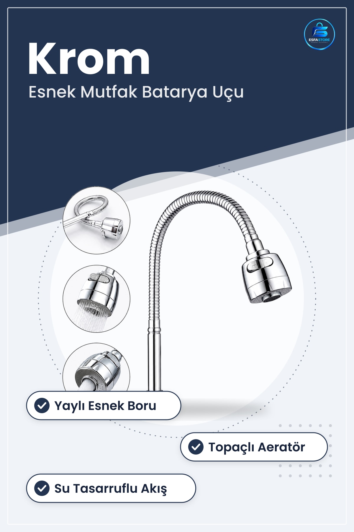 Musluk Başlığı Krom Mutfak Batarya Ucu Yaylı Topaç Esnek Aeratör Su Tasarruflu Kolay Montaj
