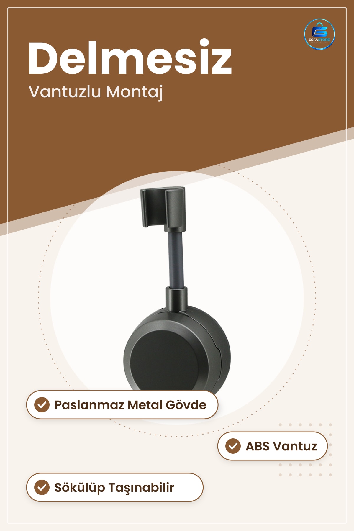Vantuzlu Banyo Askısı Uzun Duş Başlığı Tutucu Delmesiz Montaj Paslanmaz Metal Gövdeli Düzenleyici
