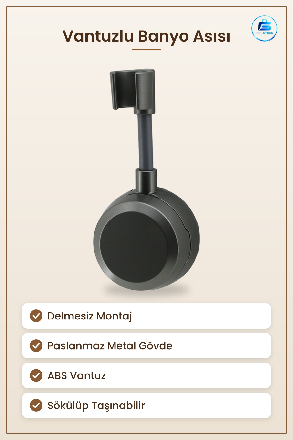 Vantuzlu Banyo Askısı Uzun Duş Başlığı Tutucu Delmesiz Montaj Paslanmaz Metal Gövdeli Düzenleyici