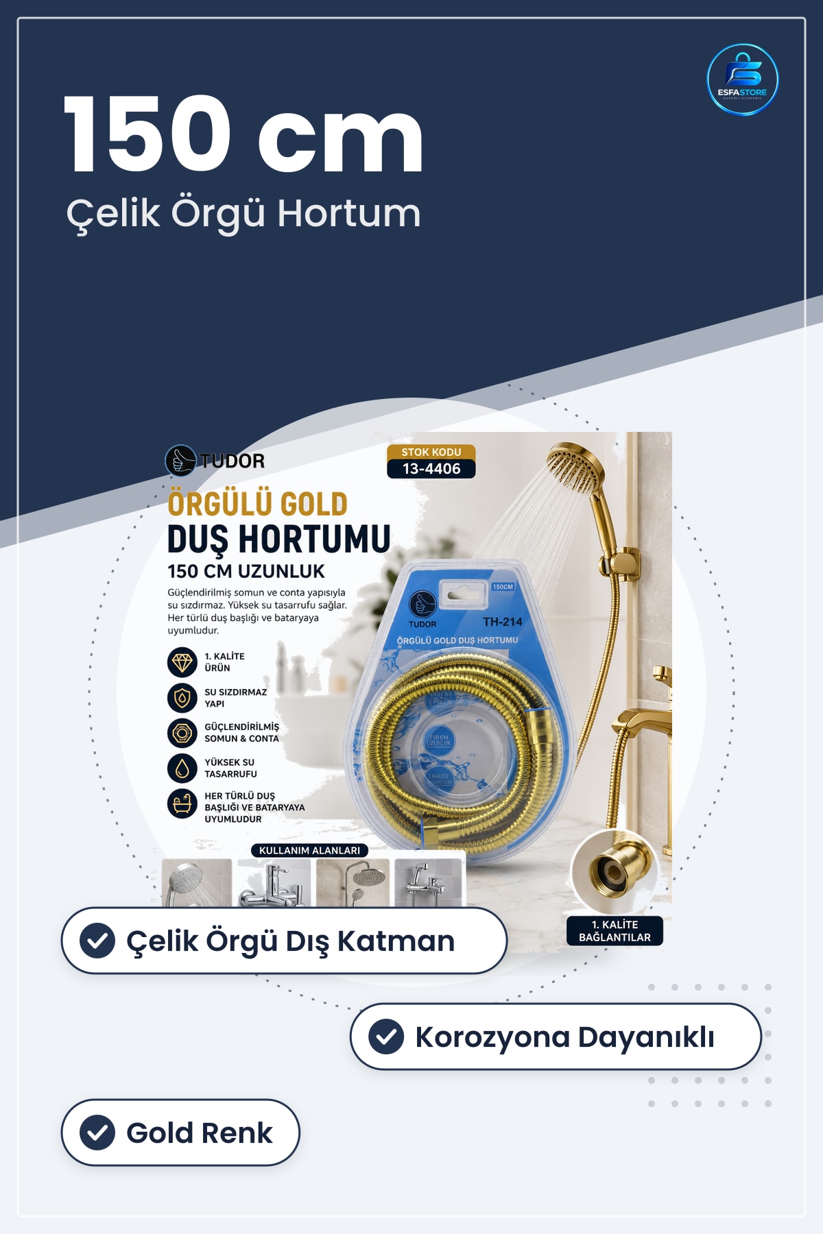 Örgülü Duş Hortumu 150 cm Gold Çelik Esnek Kolay Montajlı Banyo Batarya Uyumlu Korozyona Dayanıklı
