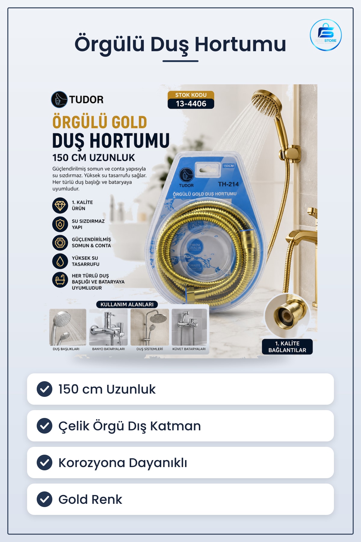 Örgülü Duş Hortumu 150 cm Gold Çelik Esnek Kolay Montajlı Banyo Batarya Uyumlu Korozyona Dayanıklı