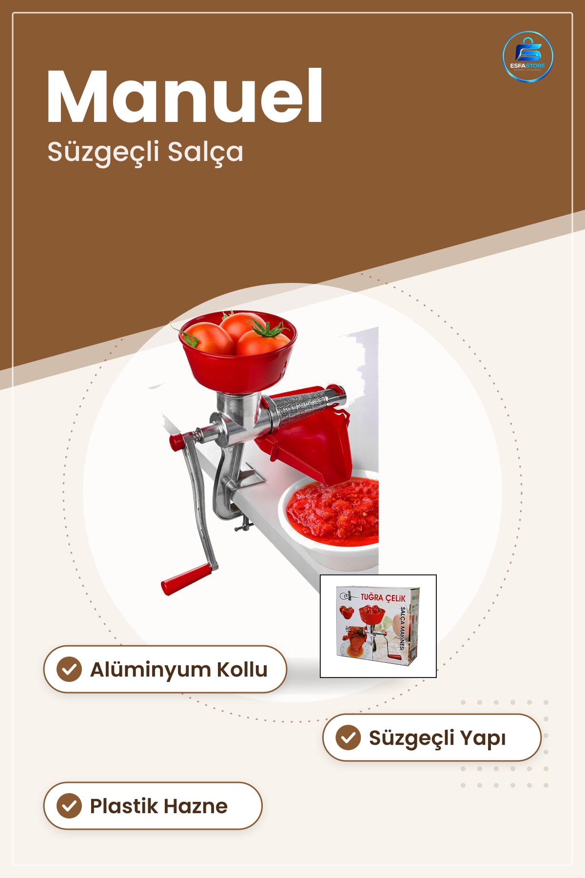 Alüminyum Kollu Salça Makinesi El Rondosu Süzgeçli Plastik Hazneli Manuel Mutfak Domates Püre