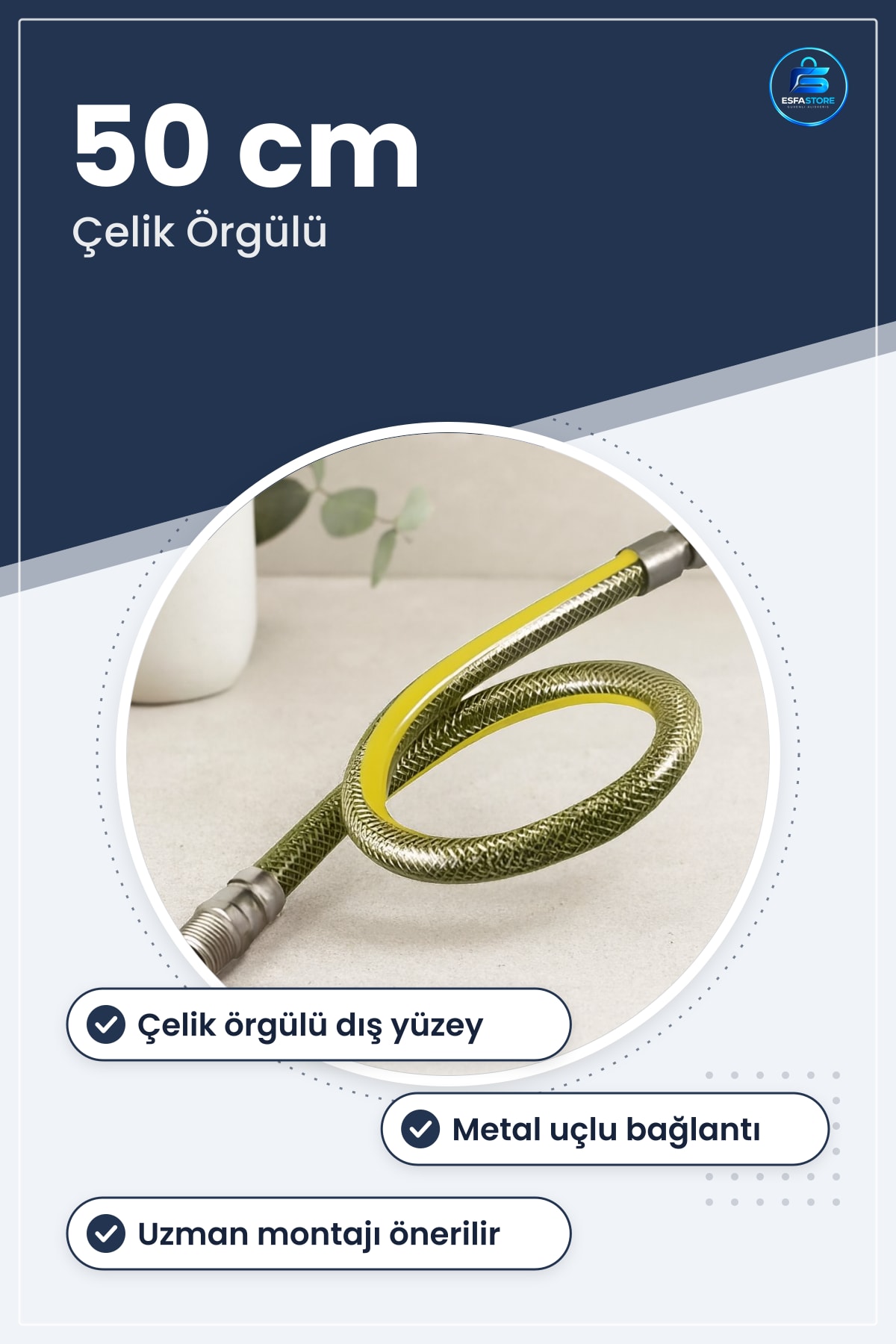 Doğalgaz Hortumu Flex Çelik Örgülü 50 cm Esnek Kombi Ocak Cihaz Vana Bağlantısı Metal Uçlu