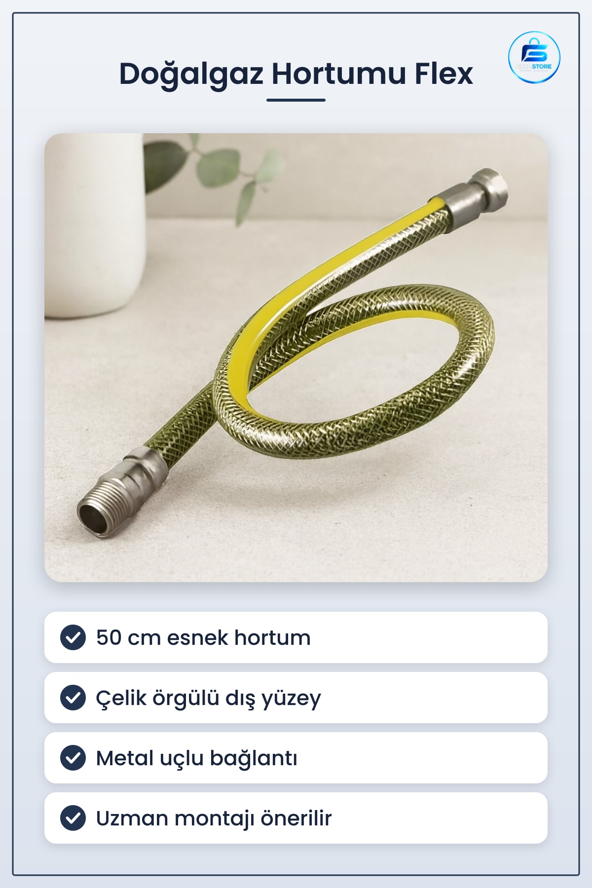Doğalgaz Hortumu Flex Çelik Örgülü 50 cm Esnek Kombi Ocak Cihaz Vana Bağlantısı Metal Uçlu