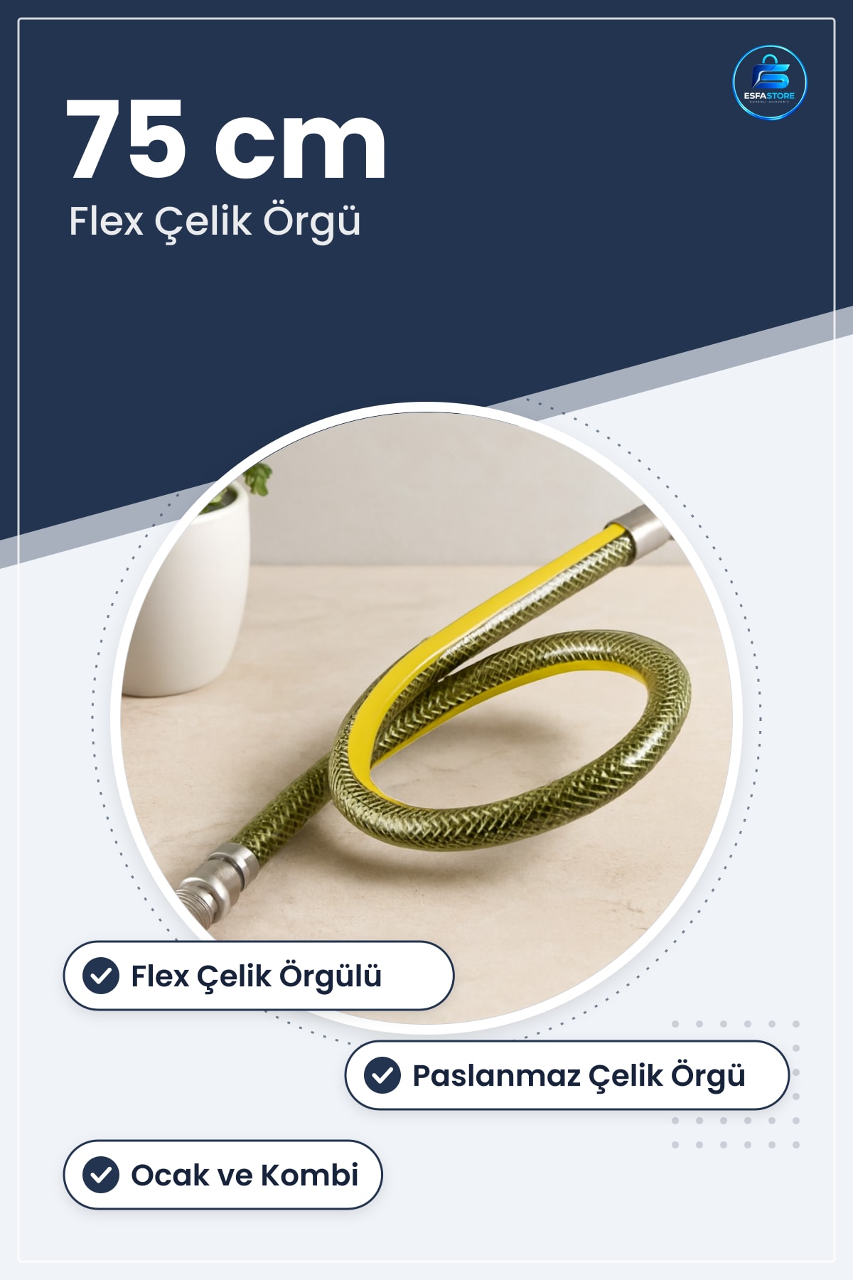 Doğalgaz Hortumu 75 cm Flex Çelik Örgülü Ocak Kombi Şofben Bağlantısı Esnek Dayanıklı