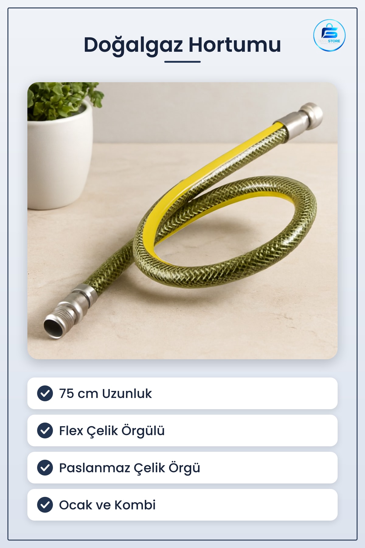 Doğalgaz Hortumu 75 cm Flex Çelik Örgülü Ocak Kombi Şofben Bağlantısı Esnek Dayanıklı