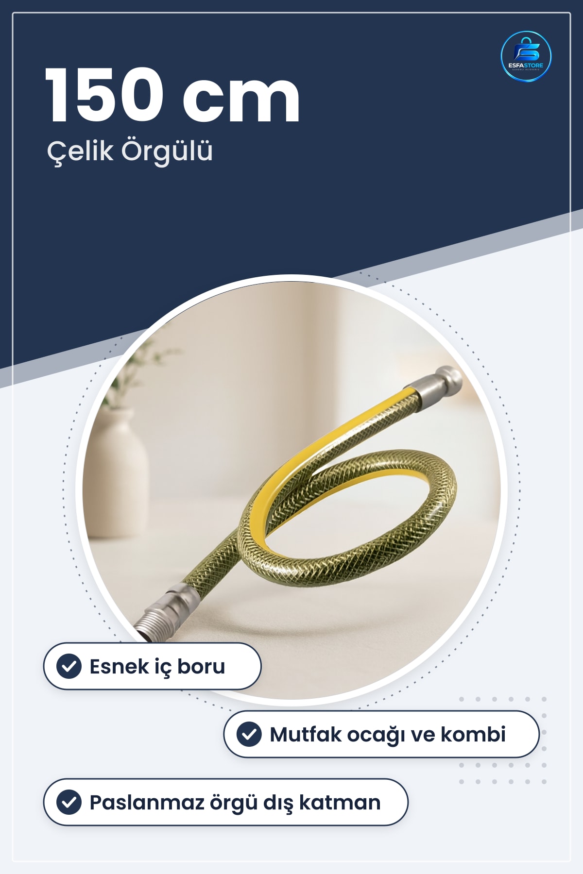 Doğalgaz Hortumu 150 cm Çelik Örgülü Esnek Paslanmaz Mutfak Ocağı Kombi Bağlantı Dayanıklı