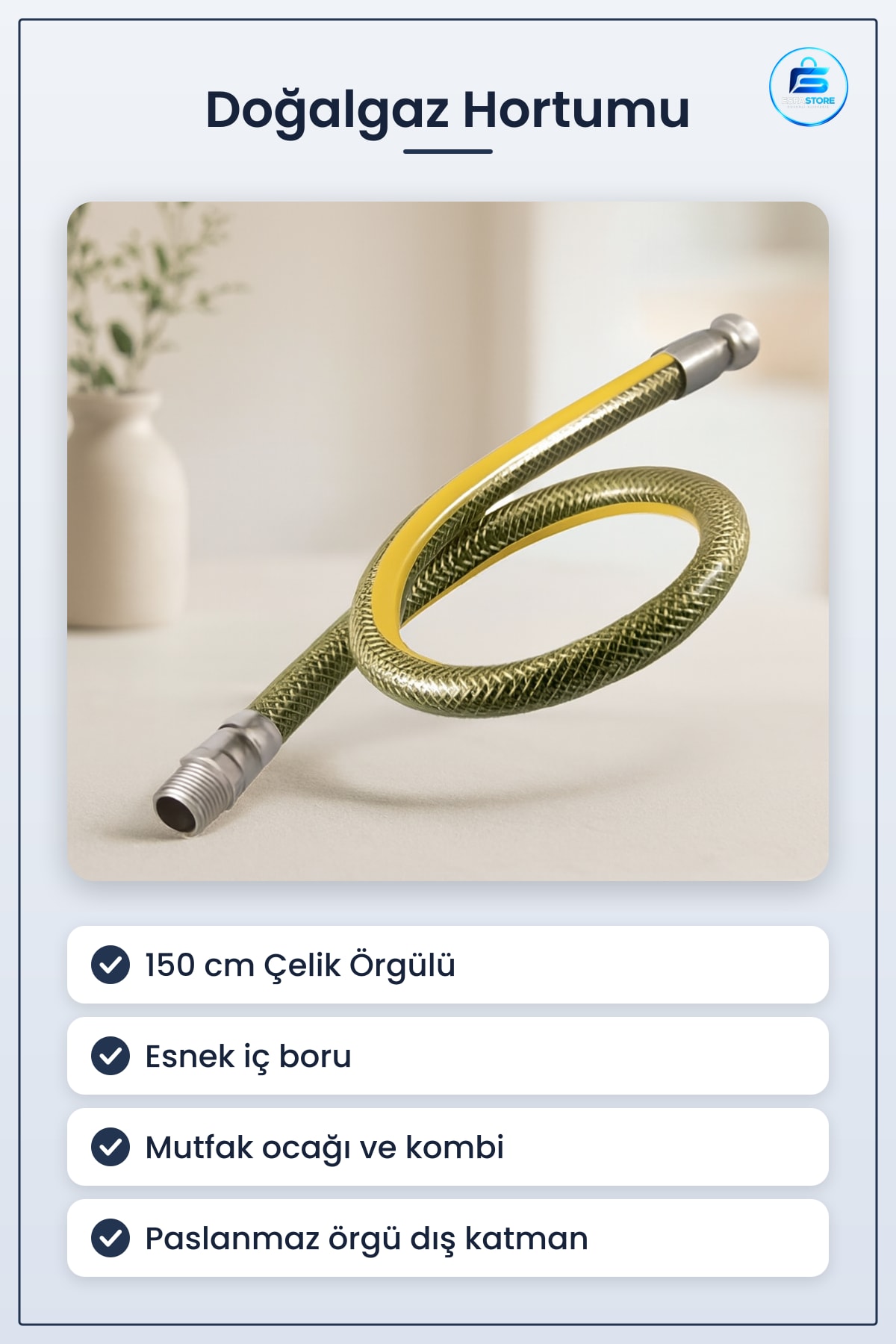Doğalgaz Hortumu 150 cm Çelik Örgülü Esnek Paslanmaz Mutfak Ocağı Kombi Bağlantı Dayanıklı