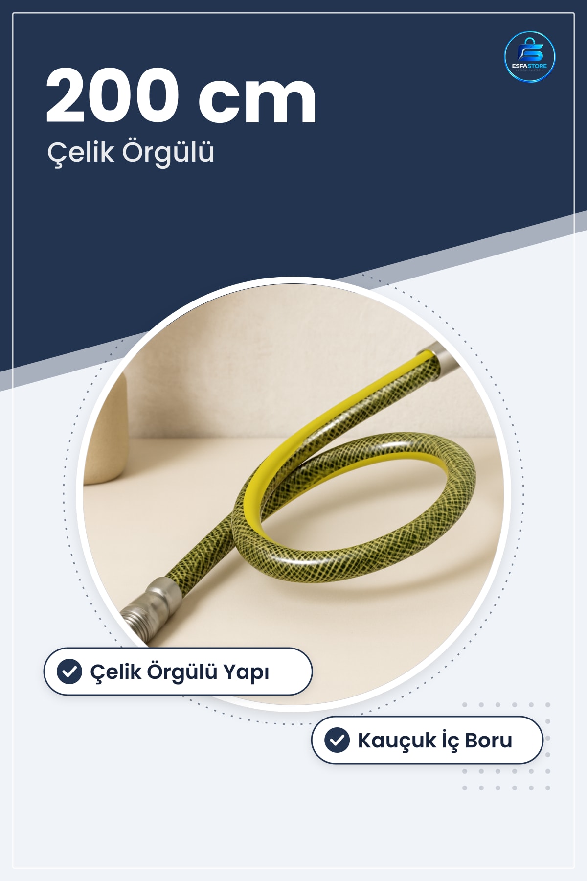 Doğalgaz Hortumu 200 cm Çelik Örgülü Flex Kauçuk Ocak Kombi Fırın Bağlantı Paslanmaya Dayanıklı
