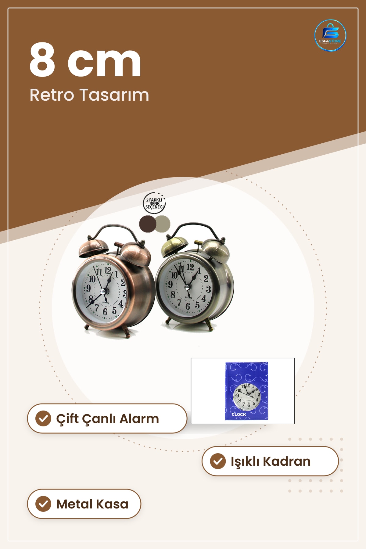 Masa Saati Metal Çalar Pilli Işıklı 8 cm Retro Çift Çanlı Alarmlı Ofis Yatak Odası Dekoratif