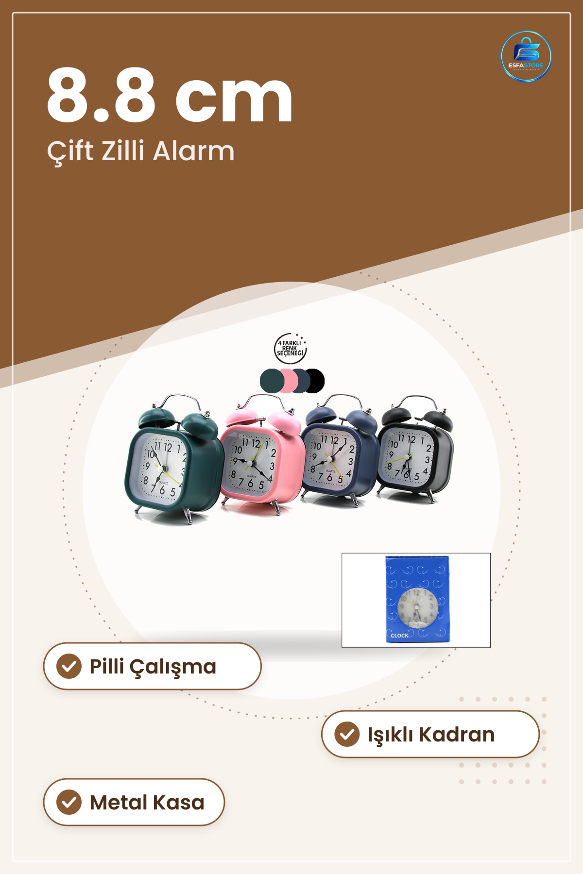 Masa Çalar Saat Çift Zilli Metal Kasalı Işıklı Pilli Dekoratif 8.8 cm Kompakt Masaüstü