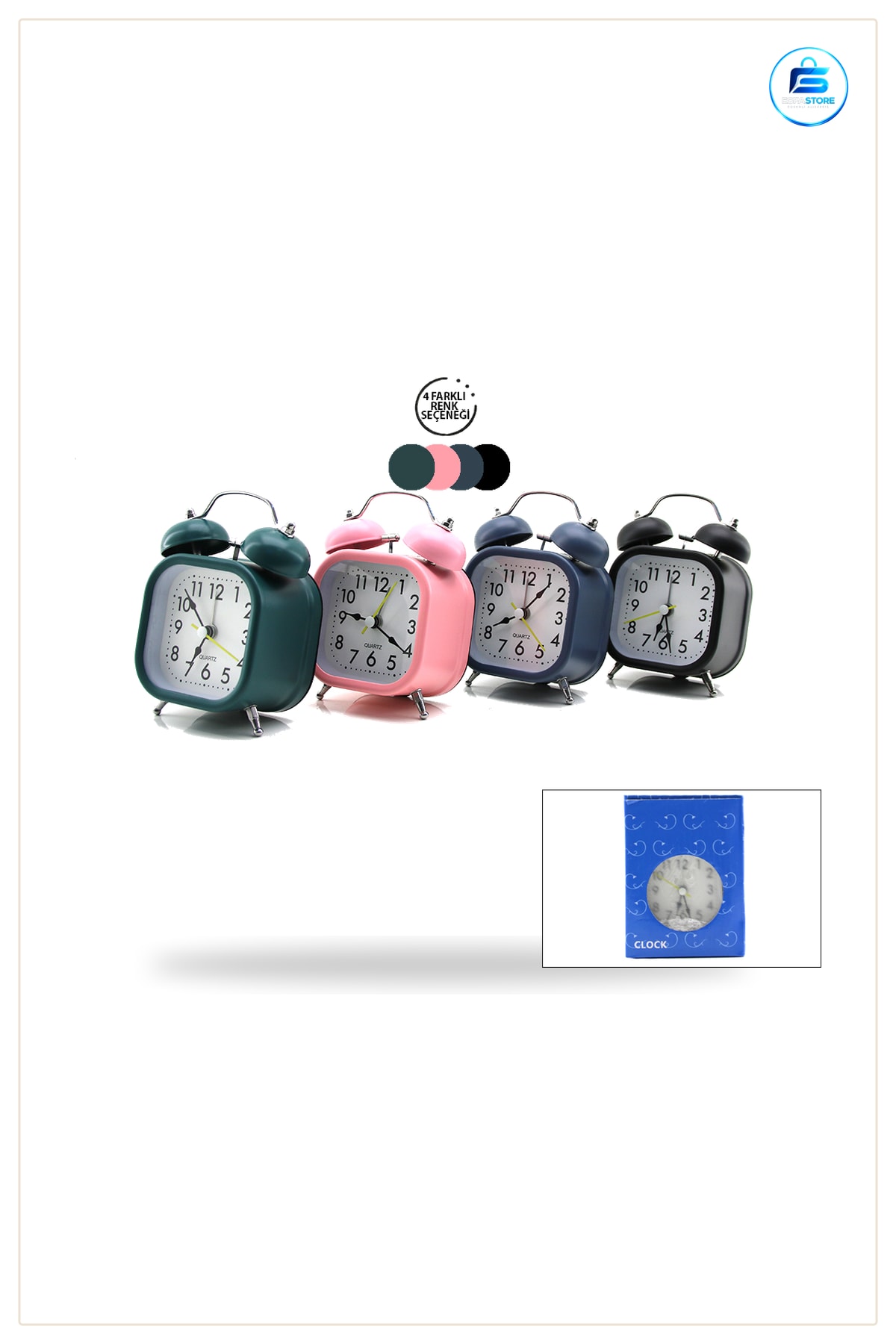 Masa Çalar Saat Çift Zilli Metal Kasalı Işıklı Pilli Dekoratif 8.8 cm Kompakt Masaüstü