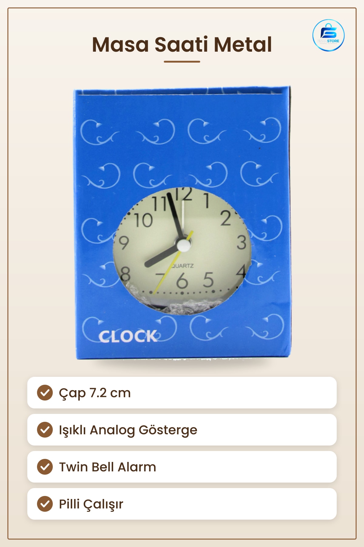 Masa Saati Twin Bell Metal Çalar Saat Pilli Işıklı 7.2 cm Kompakt Alarm Ev Dekorasyon
