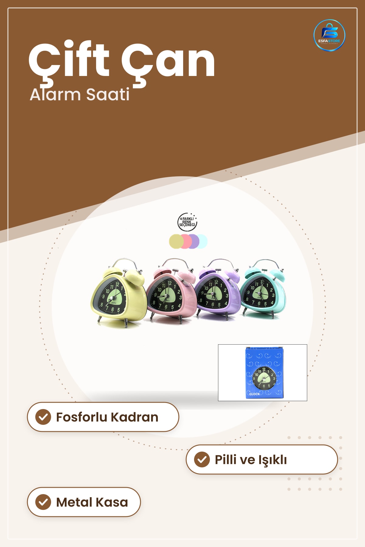 Masa Çalar Saat Çift Çanlı Metal Kasalı Pilli Işıklı Fosforlu Dekoratif Masaüstü Alarm
