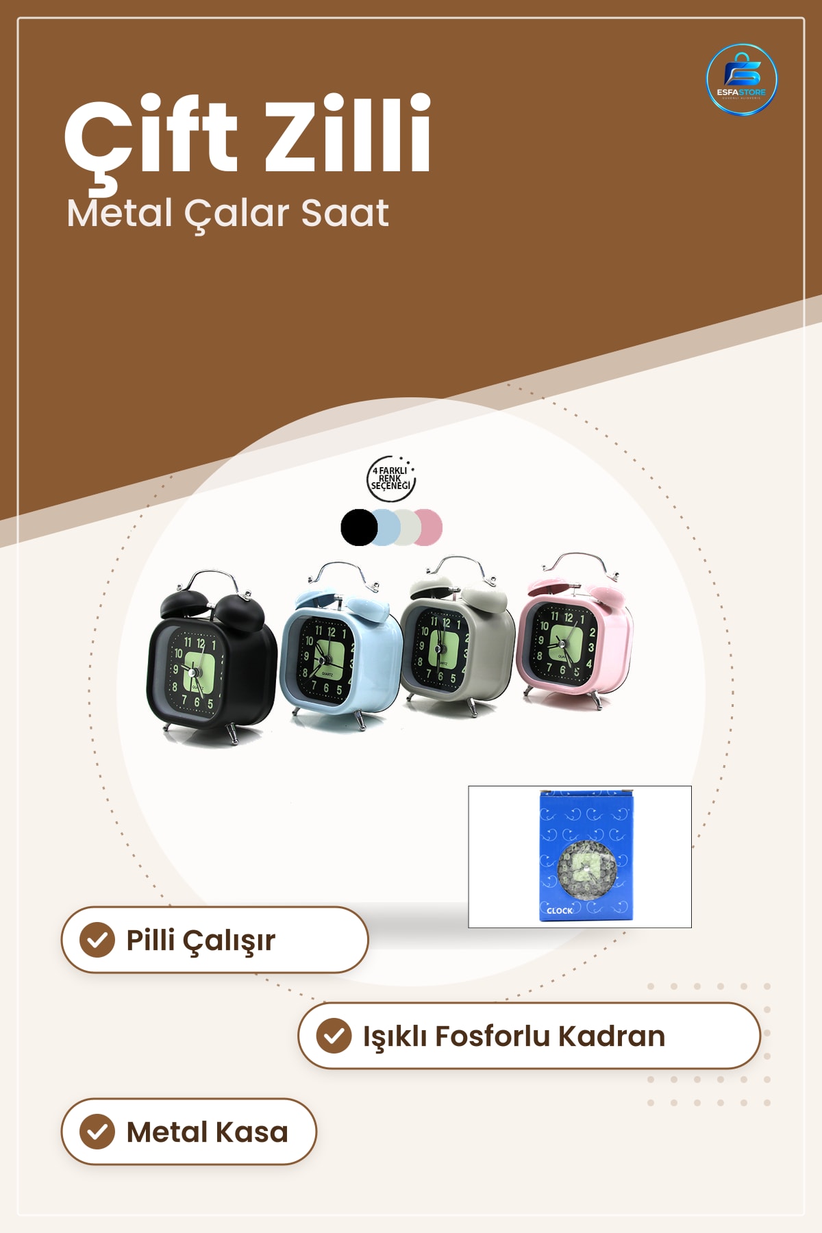 Çift Zilli Metal Masa Çalar Saat Pilli Işıklı Fosforlu Kadran Yatak Odası Ofis Kullanımı