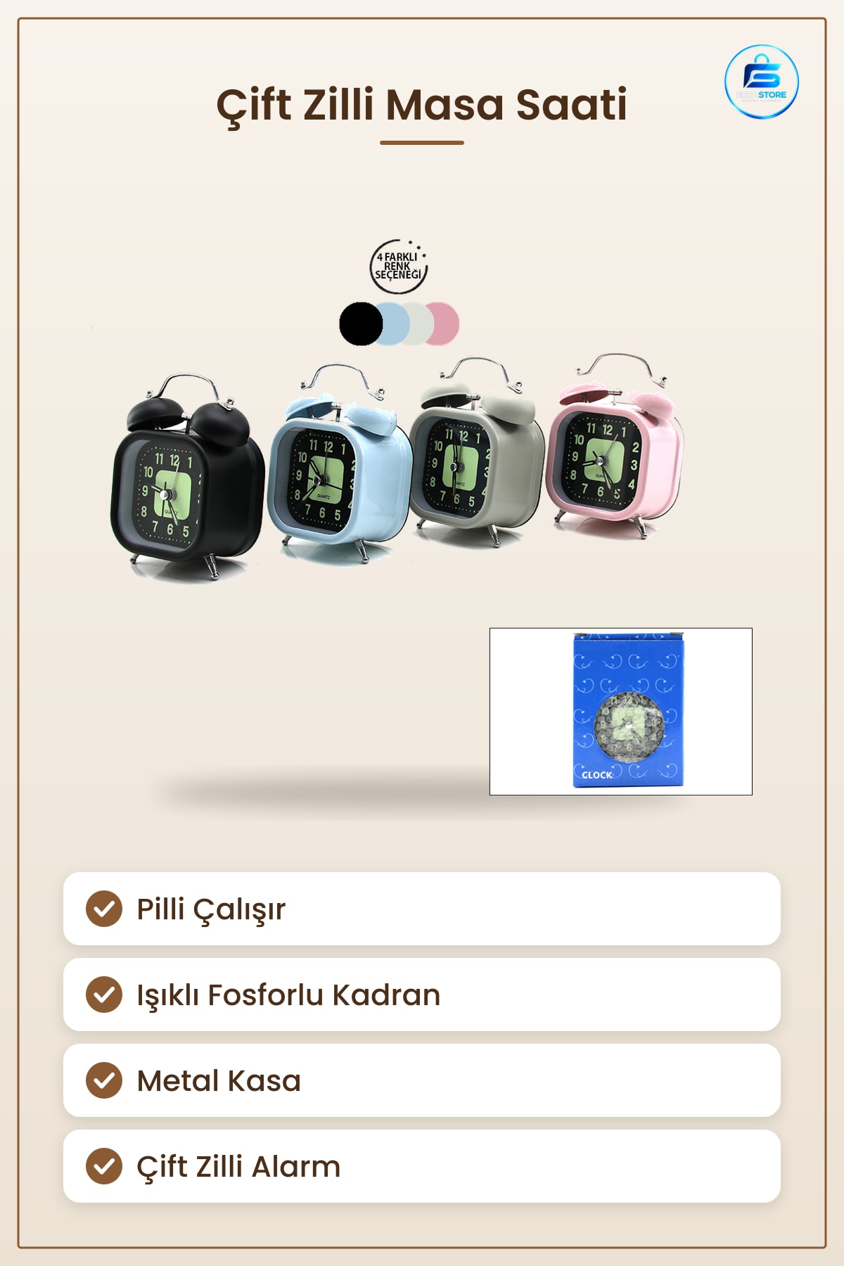 Çift Zilli Metal Masa Çalar Saat Pilli Işıklı Fosforlu Kadran Yatak Odası Ofis Kullanımı