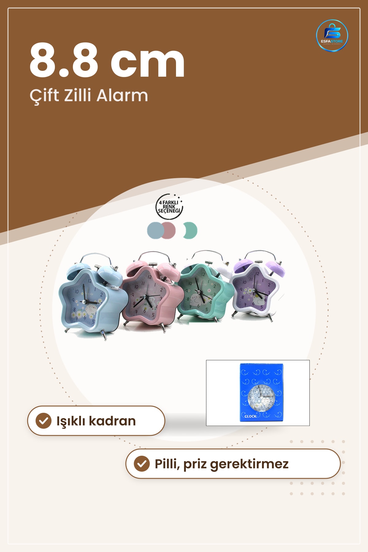 Çift Zilli Metal Masa Saati 8.8 cm Pilli Işıklı Alarmlı Yıldız Tasarım Yatak Odası Komodin
