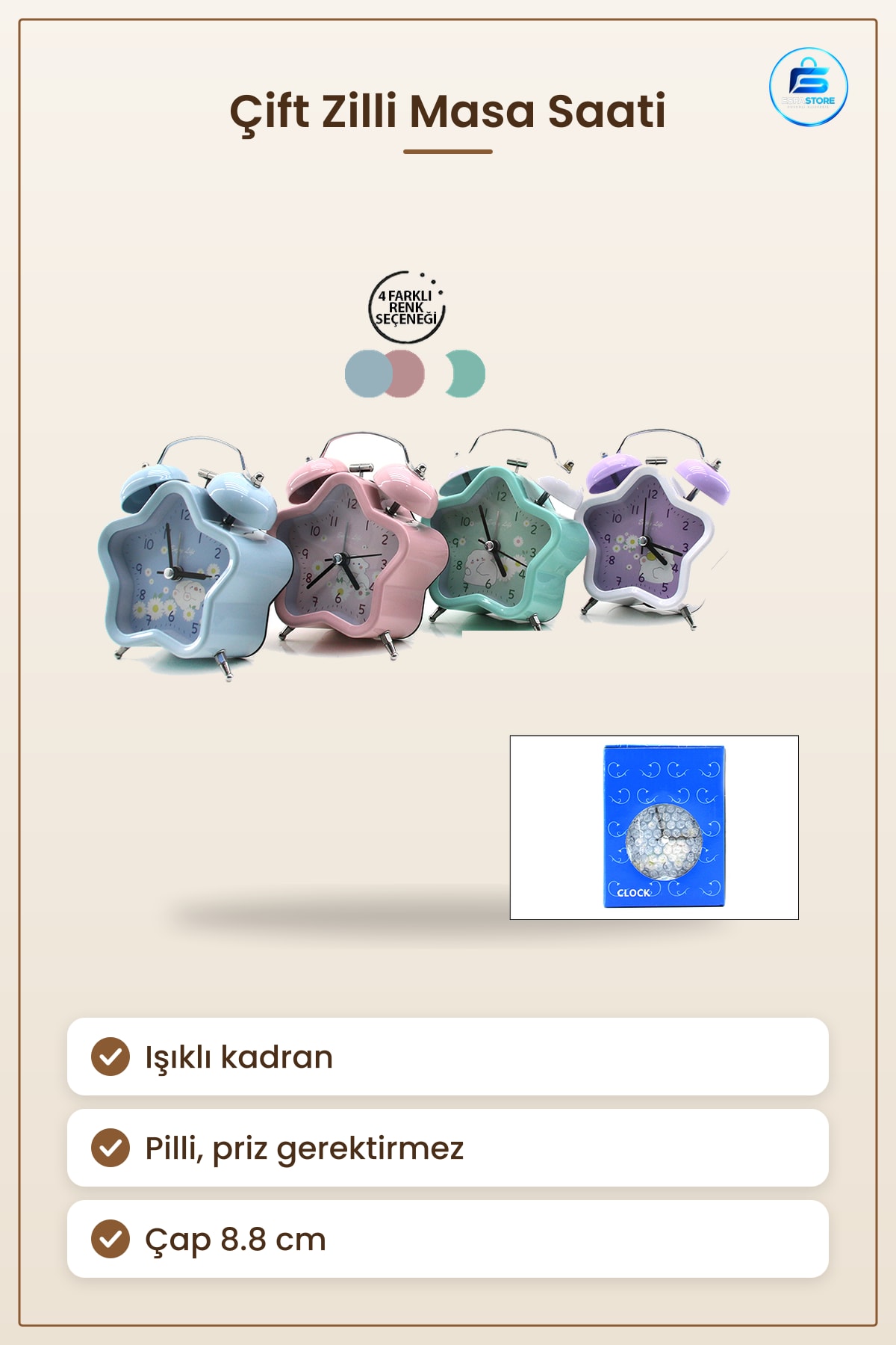 Çift Zilli Metal Masa Saati 8.8 cm Pilli Işıklı Alarmlı Yıldız Tasarım Yatak Odası Komodin