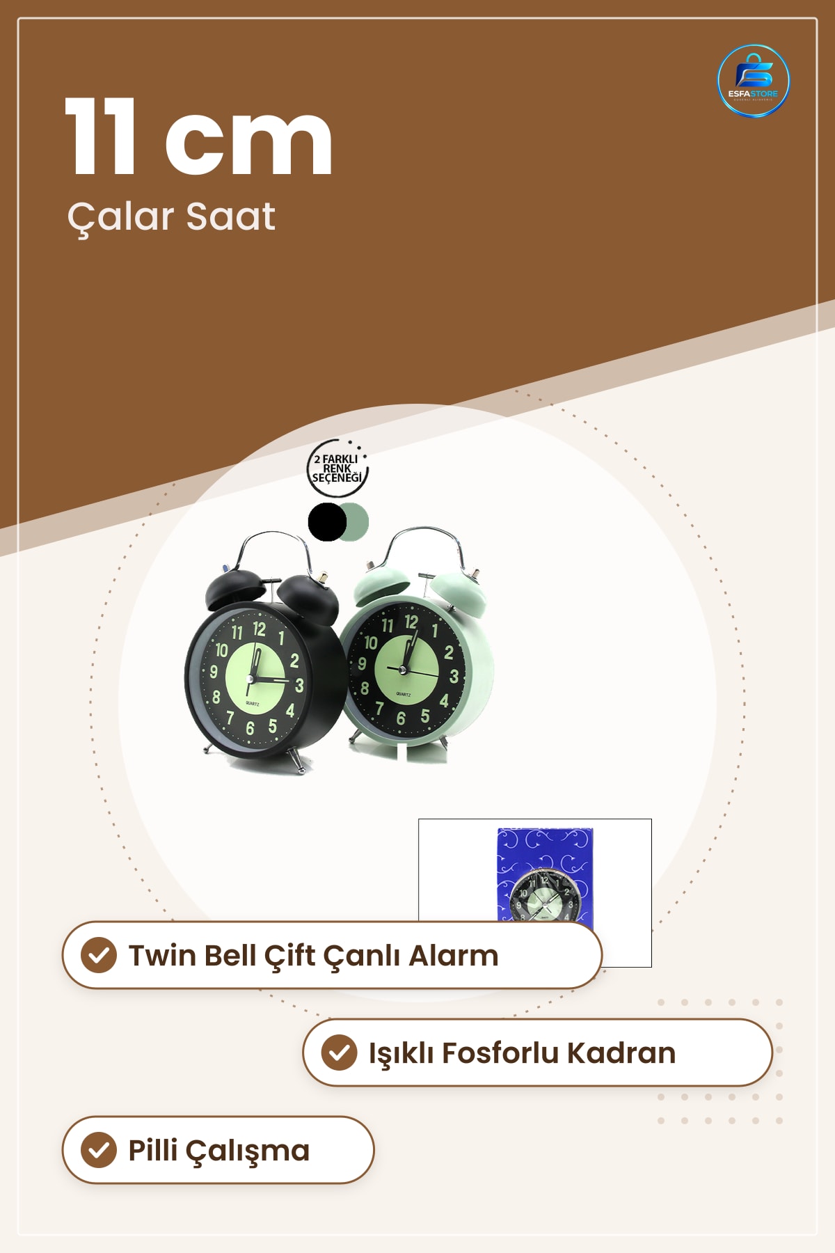 Masa Çalar Saat Twin Bell Metal Kasalı 11 cm Pilli Işıklı Fosforlu Çift Çanlı Alarm