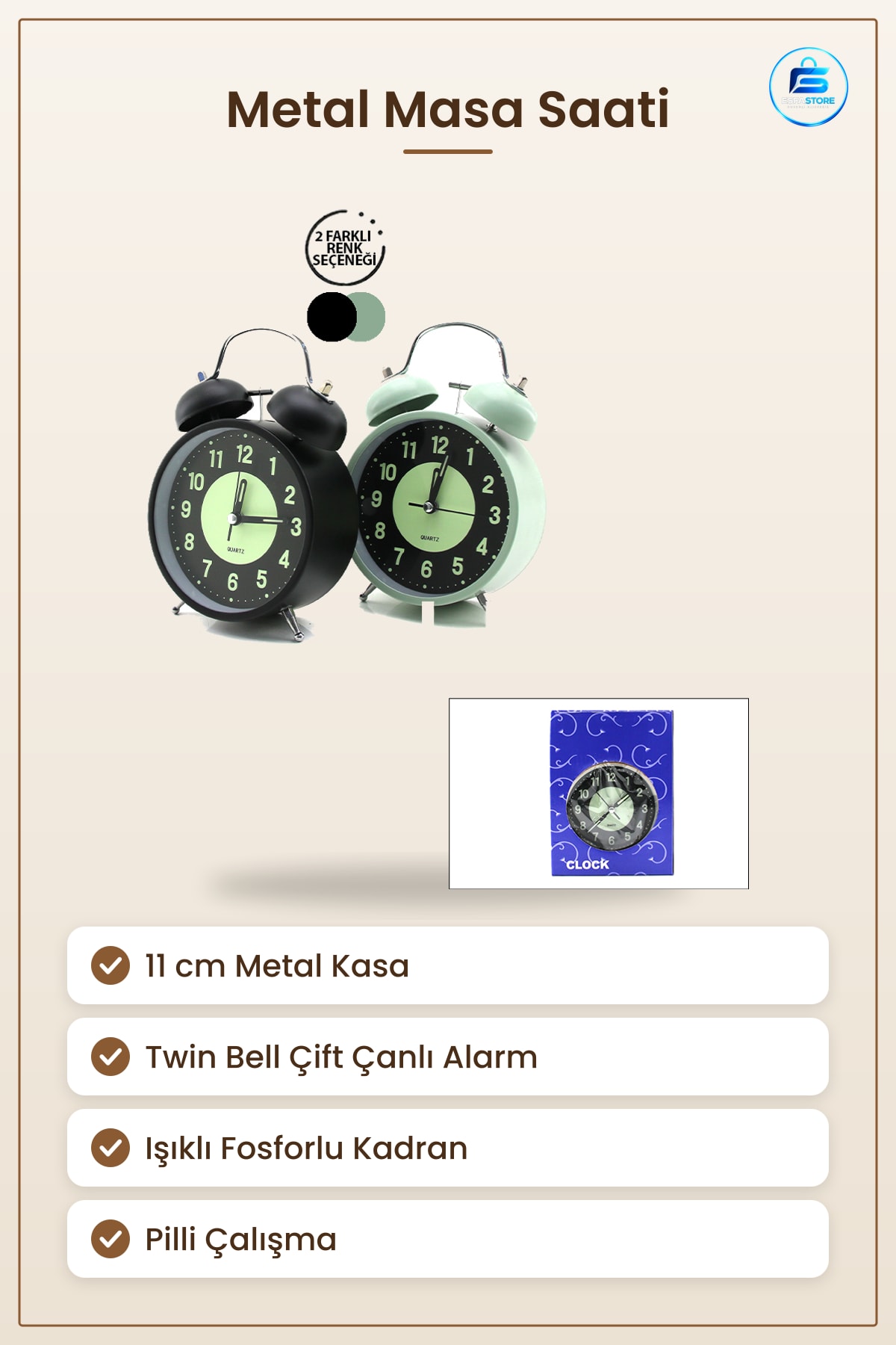 Masa Çalar Saat Twin Bell Metal Kasalı 11 cm Pilli Işıklı Fosforlu Çift Çanlı Alarm