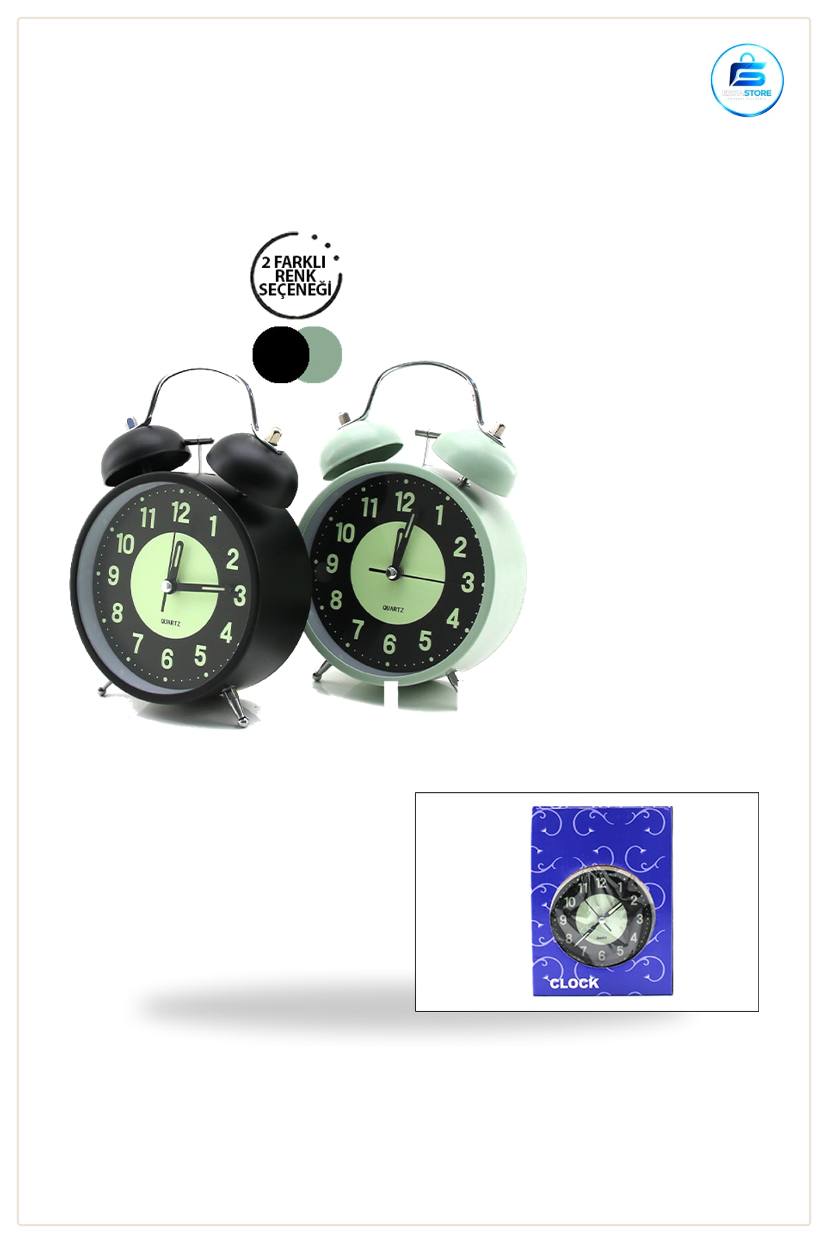 Masa Çalar Saat Twin Bell Metal Kasalı 11 cm Pilli Işıklı Fosforlu Çift Çanlı Alarm