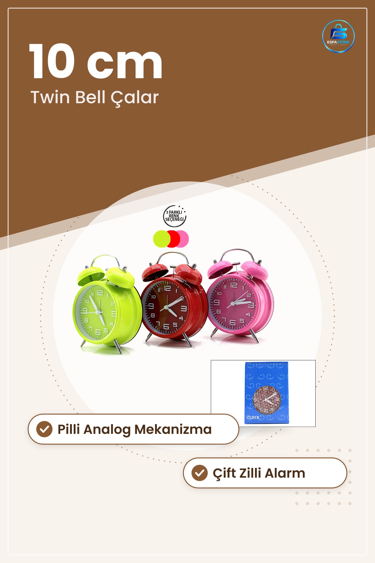 Twin Bell Çalar Masa Saati 10 cm Metal Kasa Analog Alarm Yatak Odası Ofis Dekoratif Hediye