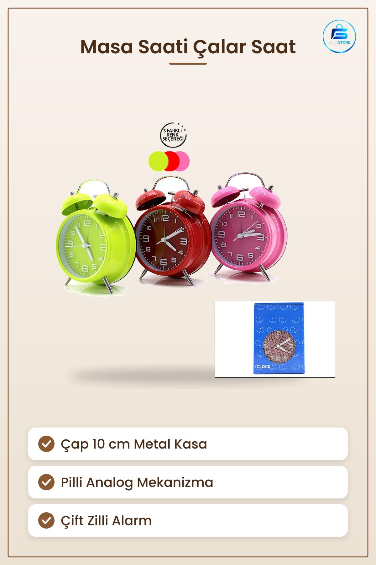 Twin Bell Çalar Masa Saati 10 cm Metal Kasa Analog Alarm Yatak Odası Ofis Dekoratif Hediye