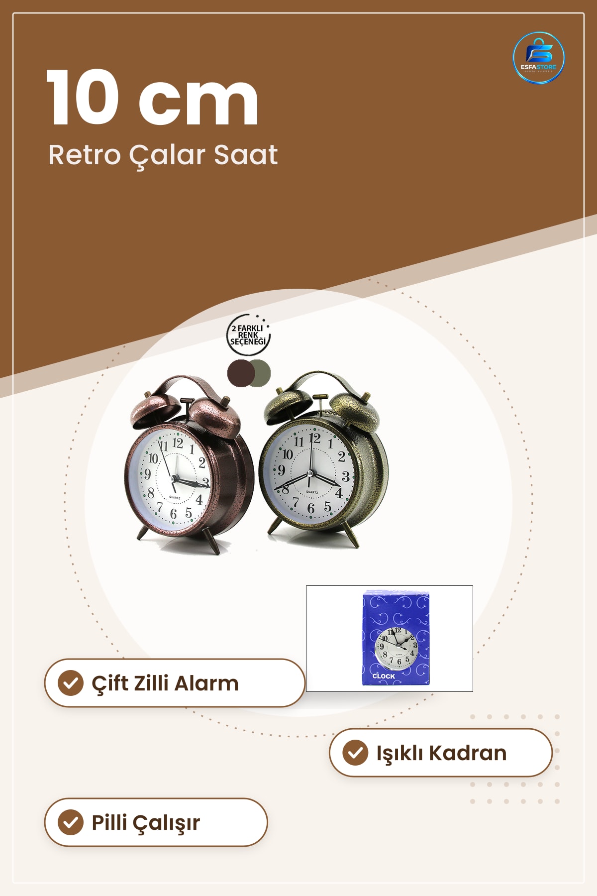Masa Çalar Saat Çift Zilli Metal Retro 10 cm Pilli Işıklı Dekoratif Masaüstü Hediye