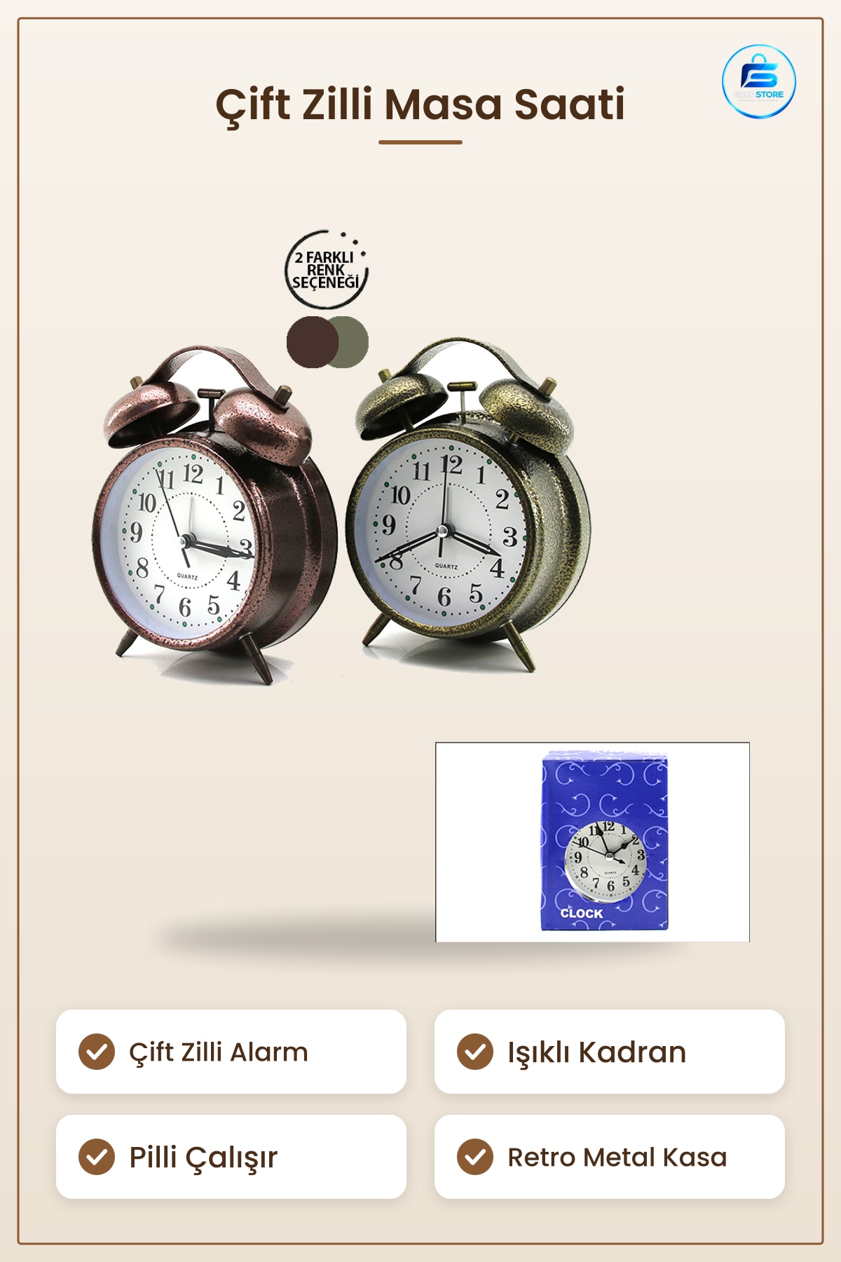 Masa Çalar Saat Çift Zilli Metal Retro 10 cm Pilli Işıklı Dekoratif Masaüstü Hediye