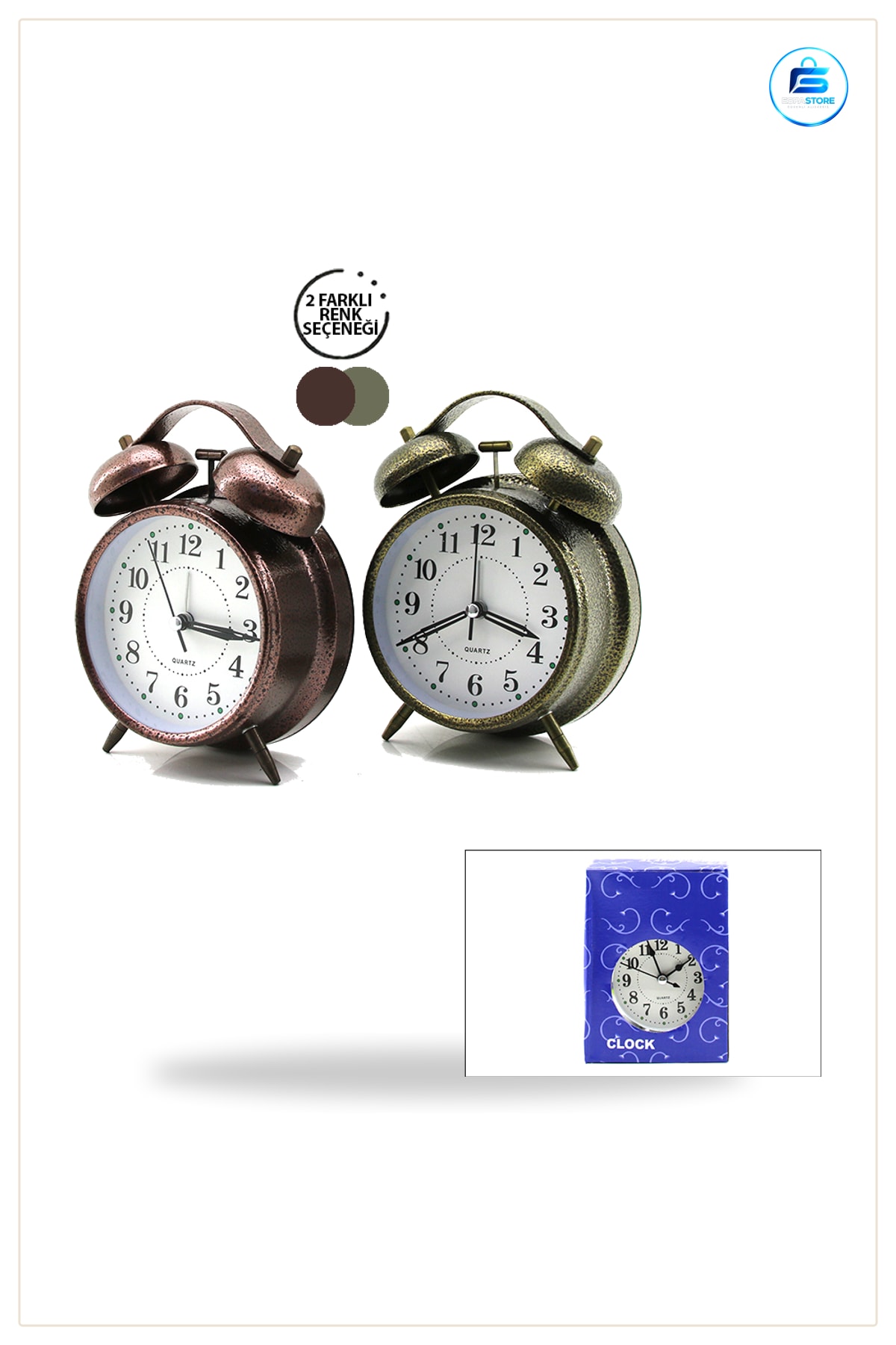 Masa Çalar Saat Çift Zilli Metal Retro 10 cm Pilli Işıklı Dekoratif Masaüstü Hediye