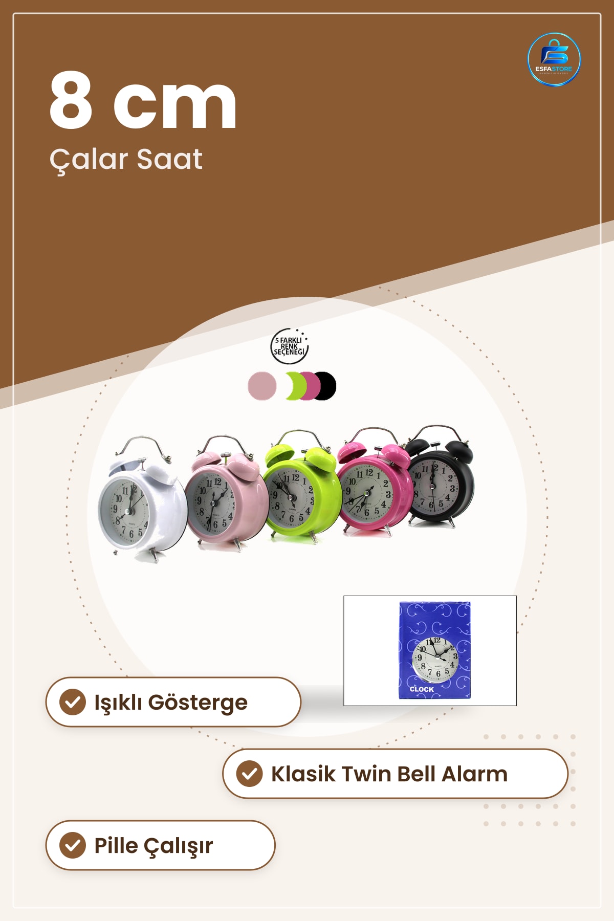 Masa Çalar Saat Yuvarlak Metal Kasalı Pilli Işıklı 8 cm Klasik Twin Bell Alarm Dekoratif