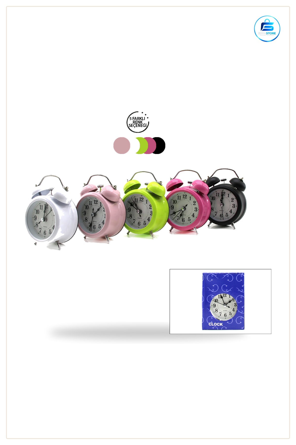 Masa Çalar Saat Yuvarlak Metal Kasalı Pilli Işıklı 8 cm Klasik Twin Bell Alarm Dekoratif