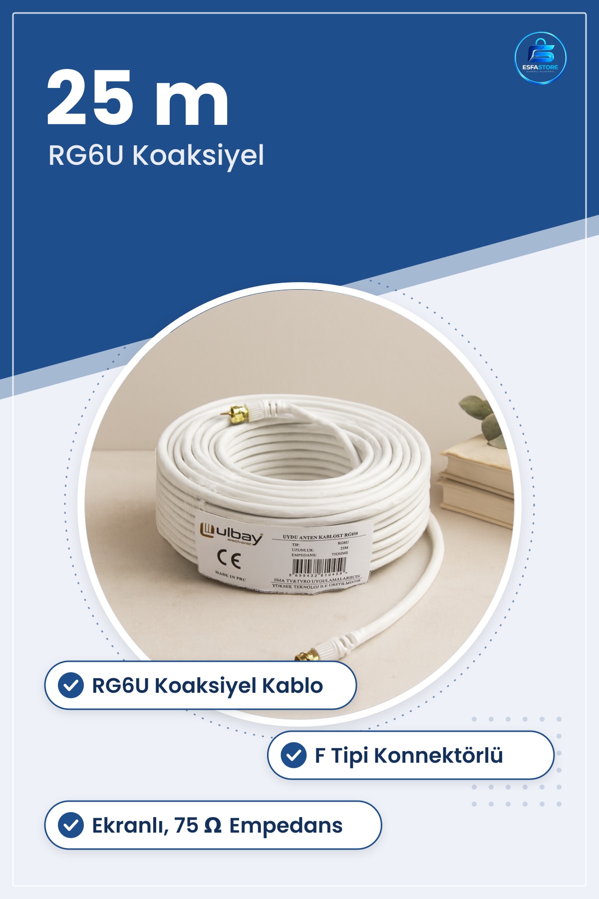 Uydu Anten Kablosu 25 m RG6U Ω Koaksiyel F Tipi Konnektörlü Ekranlı Ev TV Alıcı Bağlantı