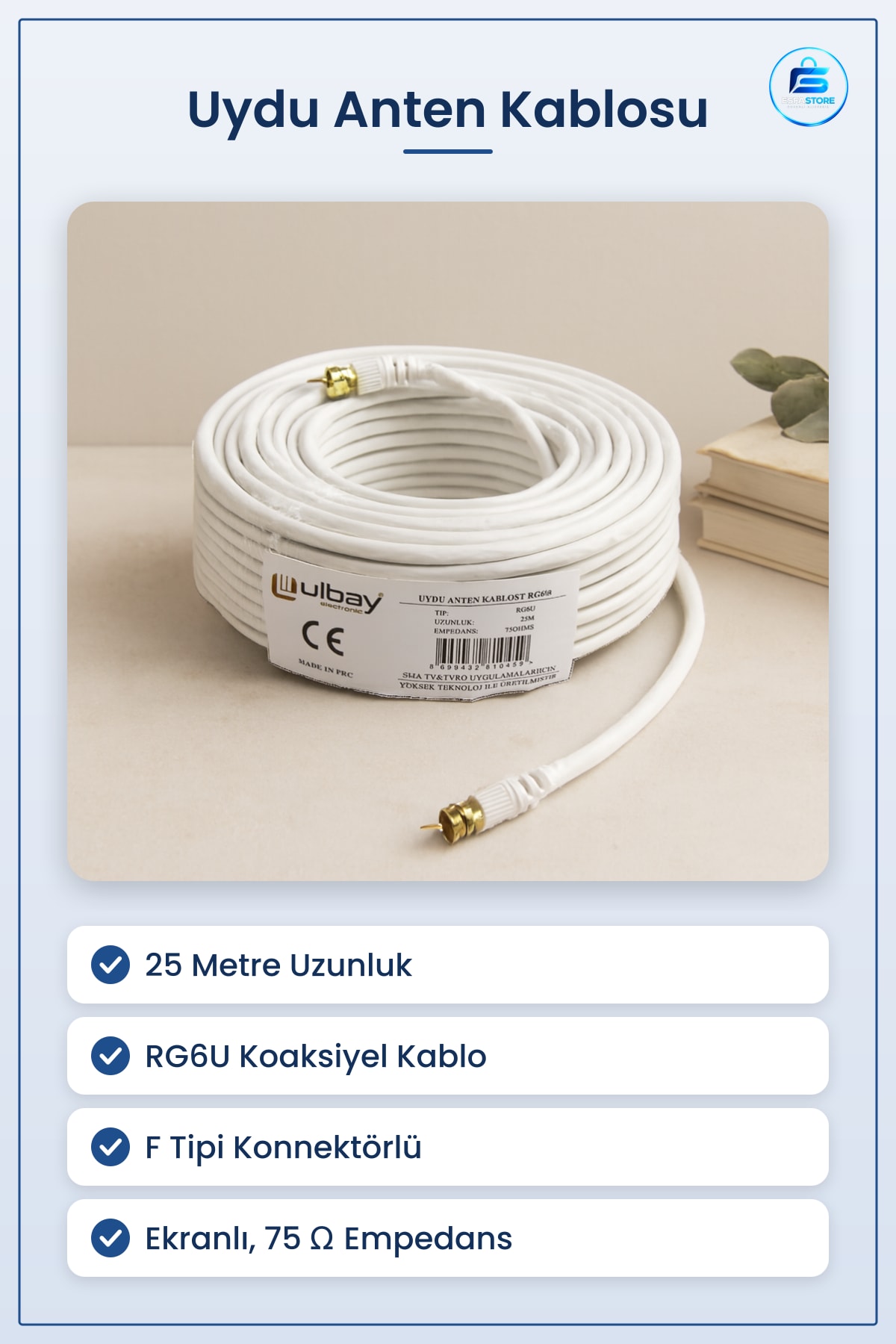 Uydu Anten Kablosu 25 m RG6U Ω Koaksiyel F Tipi Konnektörlü Ekranlı Ev TV Alıcı Bağlantı