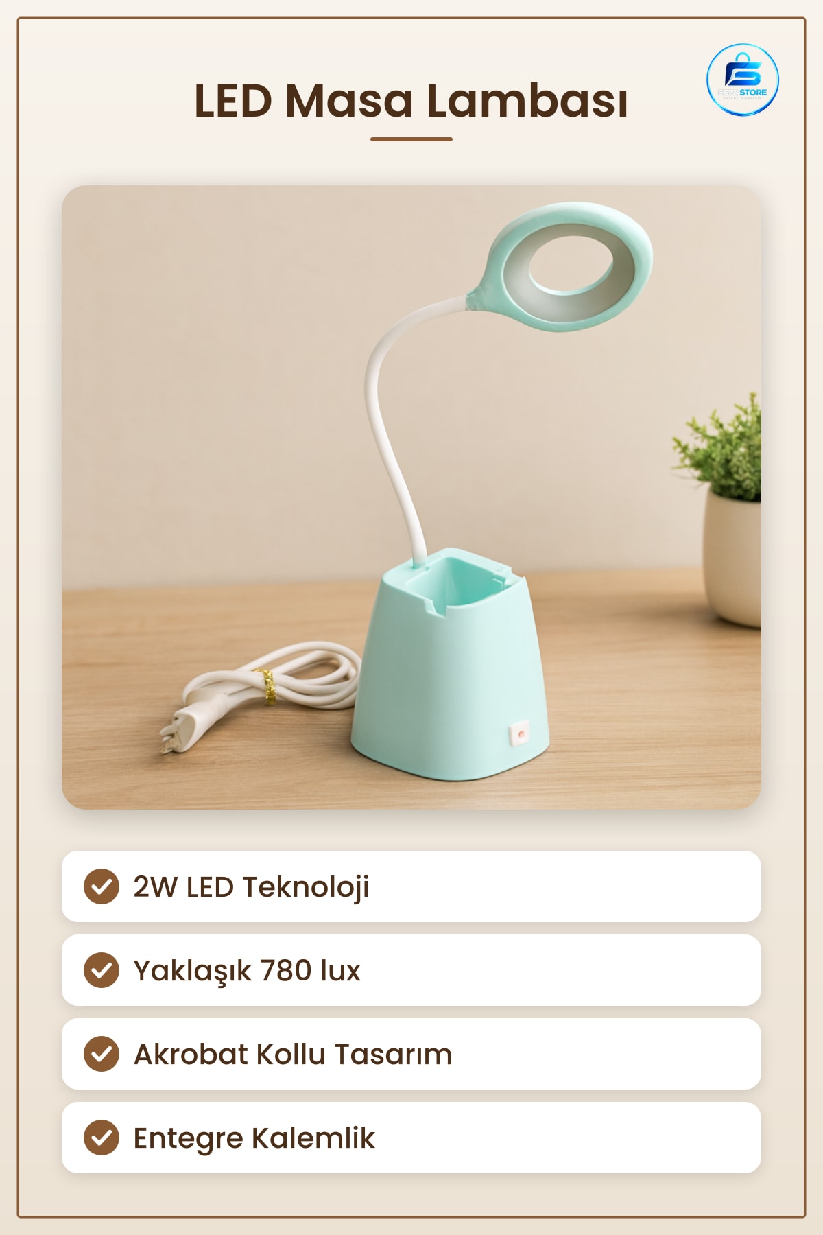 LED Masa Lambası Akrobat Kollu Kalemlikli 2W Ofis Çalışma Okuma Işığı Esnek Ayarlı Anahtarlı