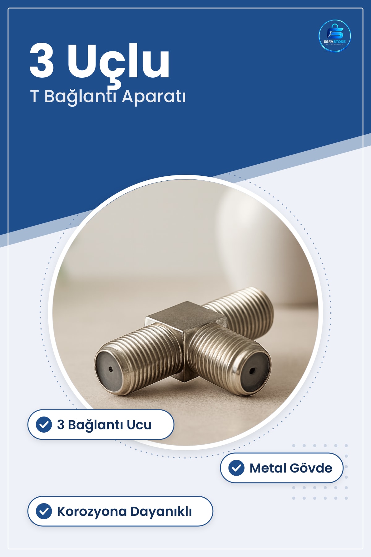 Uydu Konnektörü T Şeklinde Birleştirici Metal Anten Kablo Ekleme Aparatı Korozyona Dayanıklı